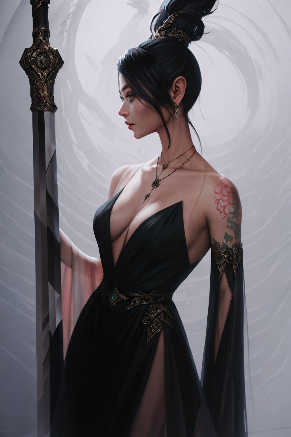 Bo_Chen_lora_by_niolas,  1girl,  solo,  long hair,  hair ornament,  dress,  holding,  jewelry,  ponytail,  weapon,  sword,  necklace,  holding weapon,  black dress,  tattoo,  holding sword,  dragon,<lora:EMS-283407-EMS:0.600000>