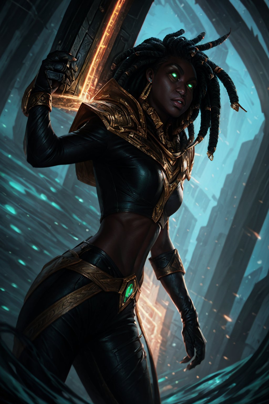 Bo_Chen_lora_by_niolas,  1girl,  solo,  gloves,  jewelry,  green eyes,  weapon,  earrings,  pants,  dark skin,  dark-skinned female,  glowing,  glowing eyes,  very dark skin,  dreadlocks,<lora:EMS-283407-EMS:0.600000>