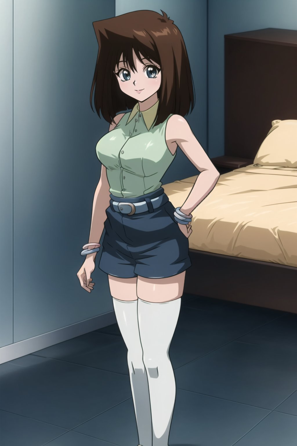 masterpiece, 1girl ,solo ,looking at the viewer ,bt,,whole body ,medium breasts, green shirt, smile, sleeveless, bracelet,light blue belt,tight  navy blue shorts, white thigh highs,standing,happy, ((light brown hair)), hotel room, floor<lora:EMS-283409-EMS:1.000000>