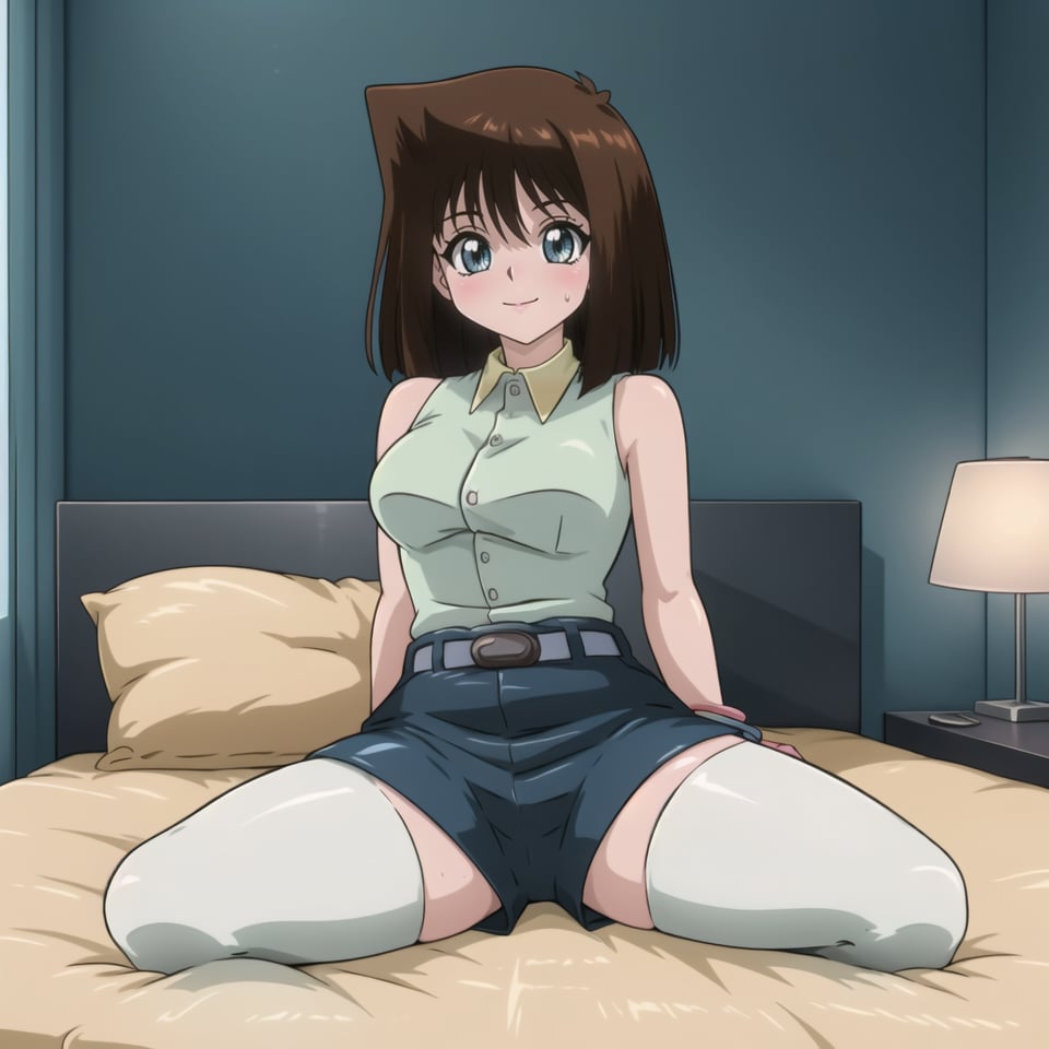 ((masterpiece))((high quality)), 1girl ,solo ,looking at the viewer ,bt,,whole body ,medium breasts, green shirt, sleeveless, bracelet,light blue belt,tight  navy blue shorts, ((white thigh highs)), ((light brown hair)), hotel room,bed,, ((open legs)),whole body,on the bed, blush,in the middle of the bed,sitting in bed,sexy pose,((subtle happiness))<lora:EMS-283409-EMS:1.000000>