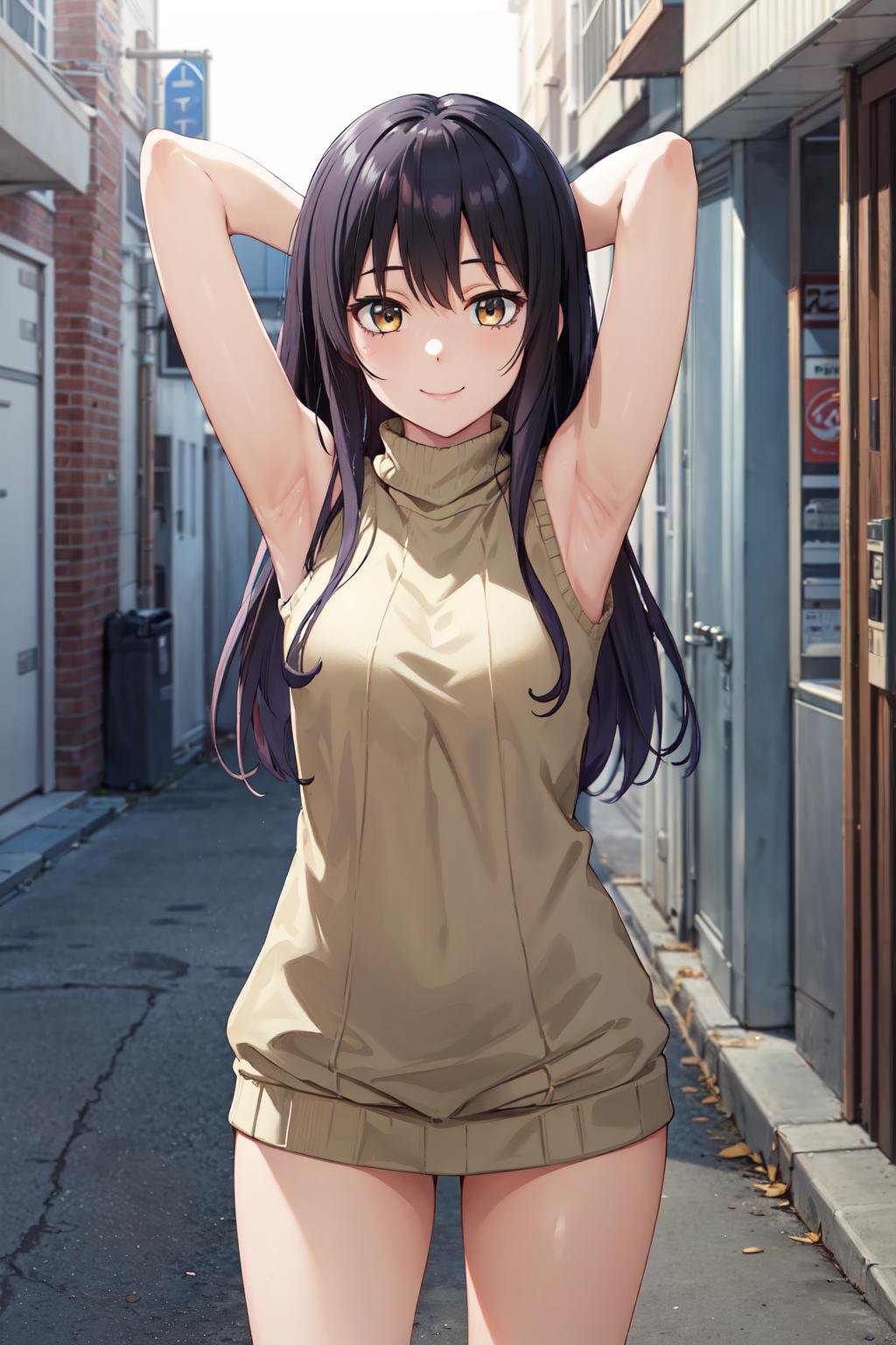 masterpiece,best quality,highres,ultra-detailed,yotsuya miko,long hair,bangs,<lora:yotsuya_miko:0.7>,(sweater:1.2),(turtleneck:1.2),street,smile,standing,(sleeveless:1.4),arm_behind_head,arms_up,cowboy shot,no pants,