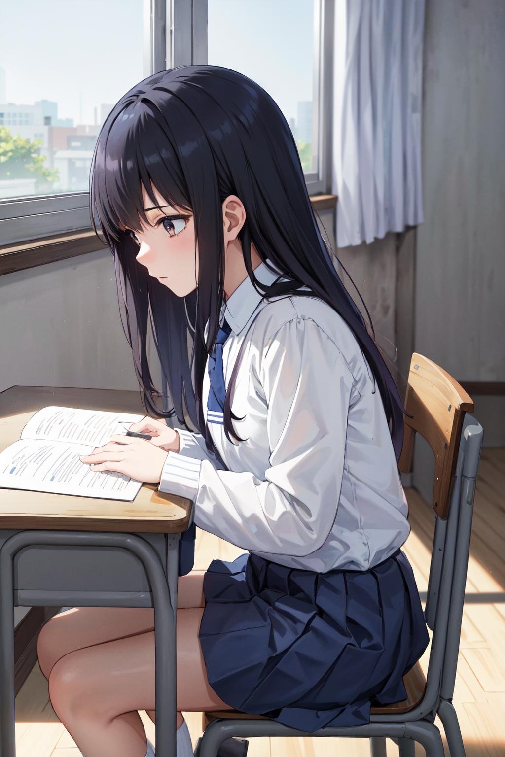 masterpiece,best quality,highres,ultra-detailed,yotsuya miko,long hair,bangs,school uniform,necktie,(white shirt:1.4),long sleeves,blue skirt,socks,black socks,<lora:yotsuya_miko:0.7>,indoors,sitting,desk,chair,classroom,(studying:1.4),from_side,