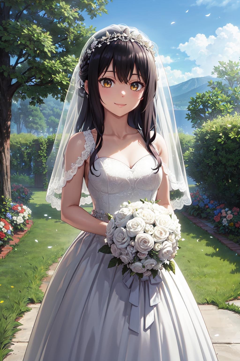 masterpiece,best quality,highres,ultra-detailed,yotsuya miko,long hair,bangs,<lora:yotsuya_miko:0.7>,(wedding dress:1.2),white dress,(veil:1.2),garden,smile,outdoors,standing,cowboy shot,holding bouquet,hair bun,