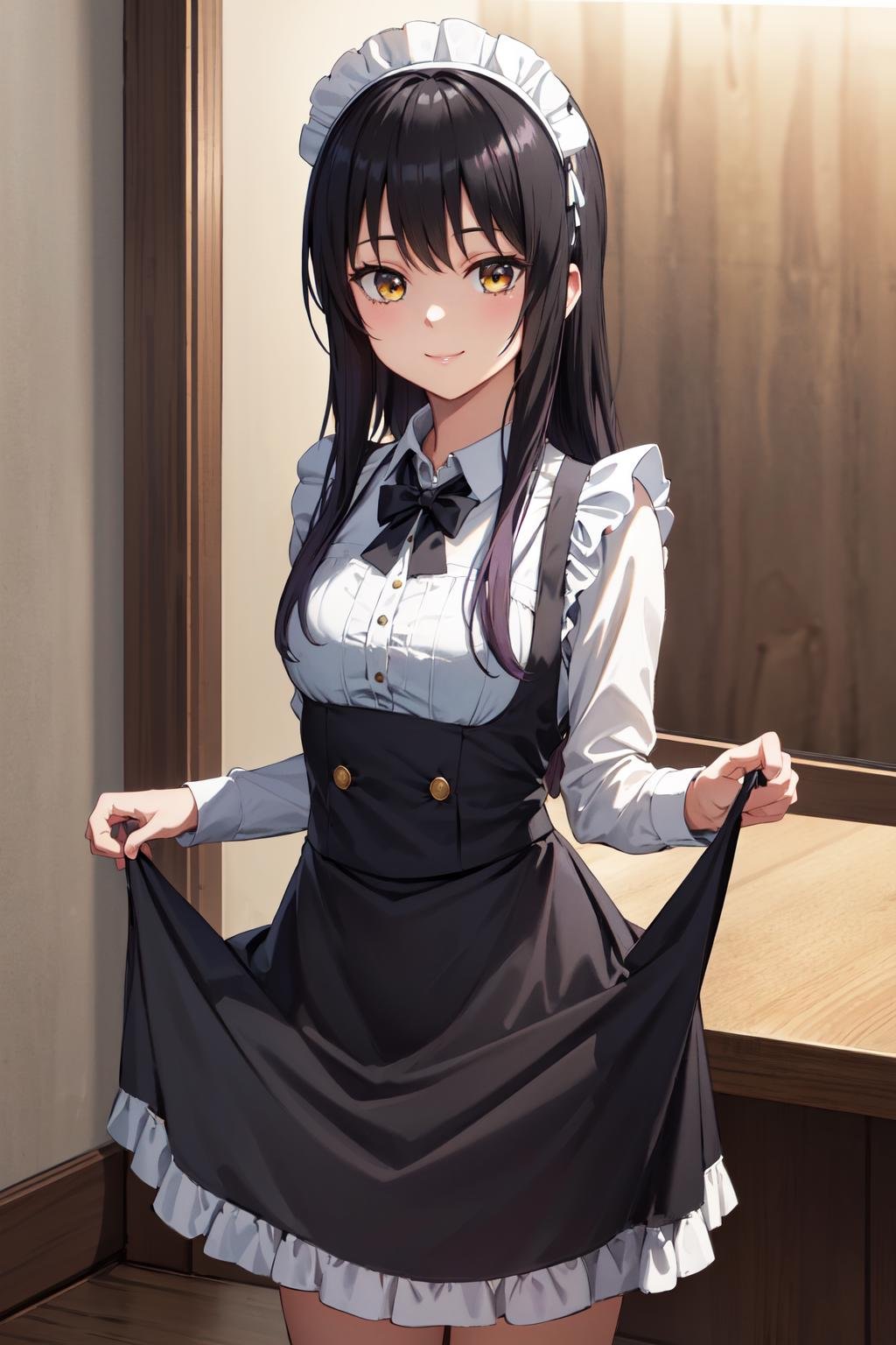 masterpiece,best quality,highres,ultra-detailed,yotsuya miko,long hair,bangs,<lora:yotsuya_miko:0.7>,indoors,cafe,maid,maid headdress,apron,(skirt hold:1.2),standing,cowboy shot,smile,