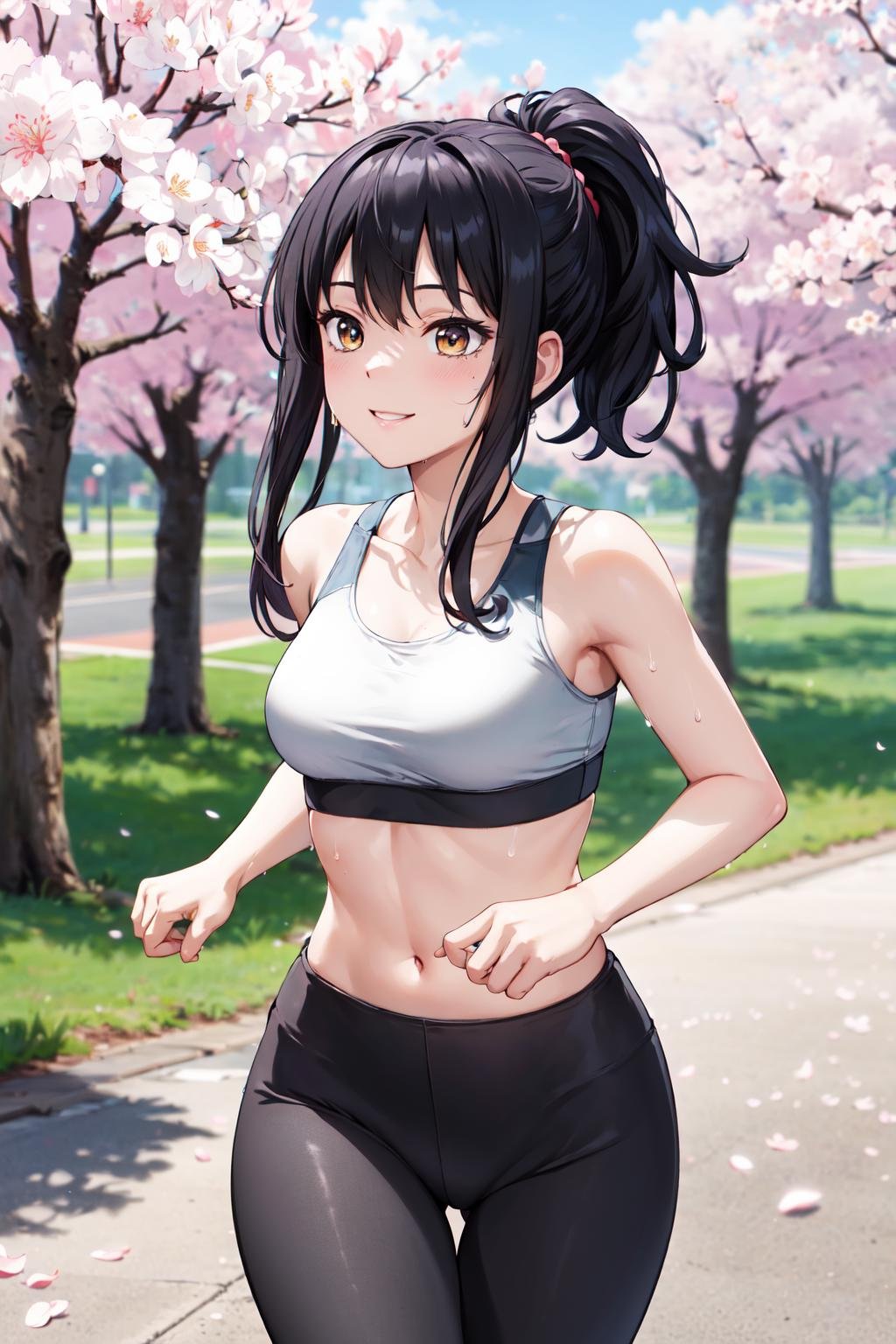 masterpiece,best quality,highres,ultra-detailed,yotsuya miko,long hair,bangs,<lora:yotsuya_miko:0.7>,sports bra,(leggings:1.2),outdoors,cherry blossoms,smile,sweat,running,ponytail,