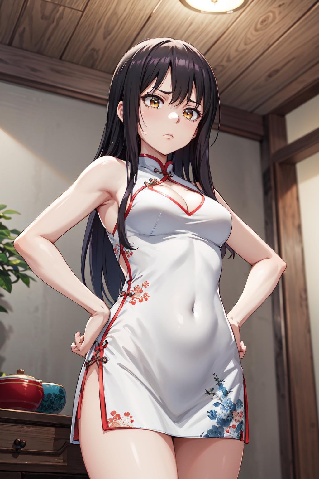 masterpiece,best quality,highres,ultra-detailed,yotsuya miko,long hair,bangs,<lora:yotsuya_miko:0.7>,bare shoulders,china dress,chinese clothes,short dress,cleavage cutout,sideboob,thighs,hands_on_hips,(furrowed_brow:1.2),indoors,front view,from_below,