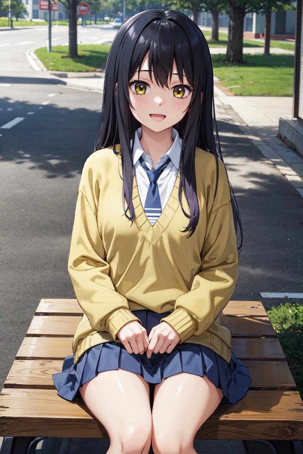 masterpiece,best quality,highres,ultra-detailed,yotsuya miko,long hair,bangs,school uniform,necktie,yellow sweater,shirt,white shirt,long sleeves,blue skirt,socks,black socks,<lora:yotsuya_miko:0.7>,outdoors, bench, sitting, :d,