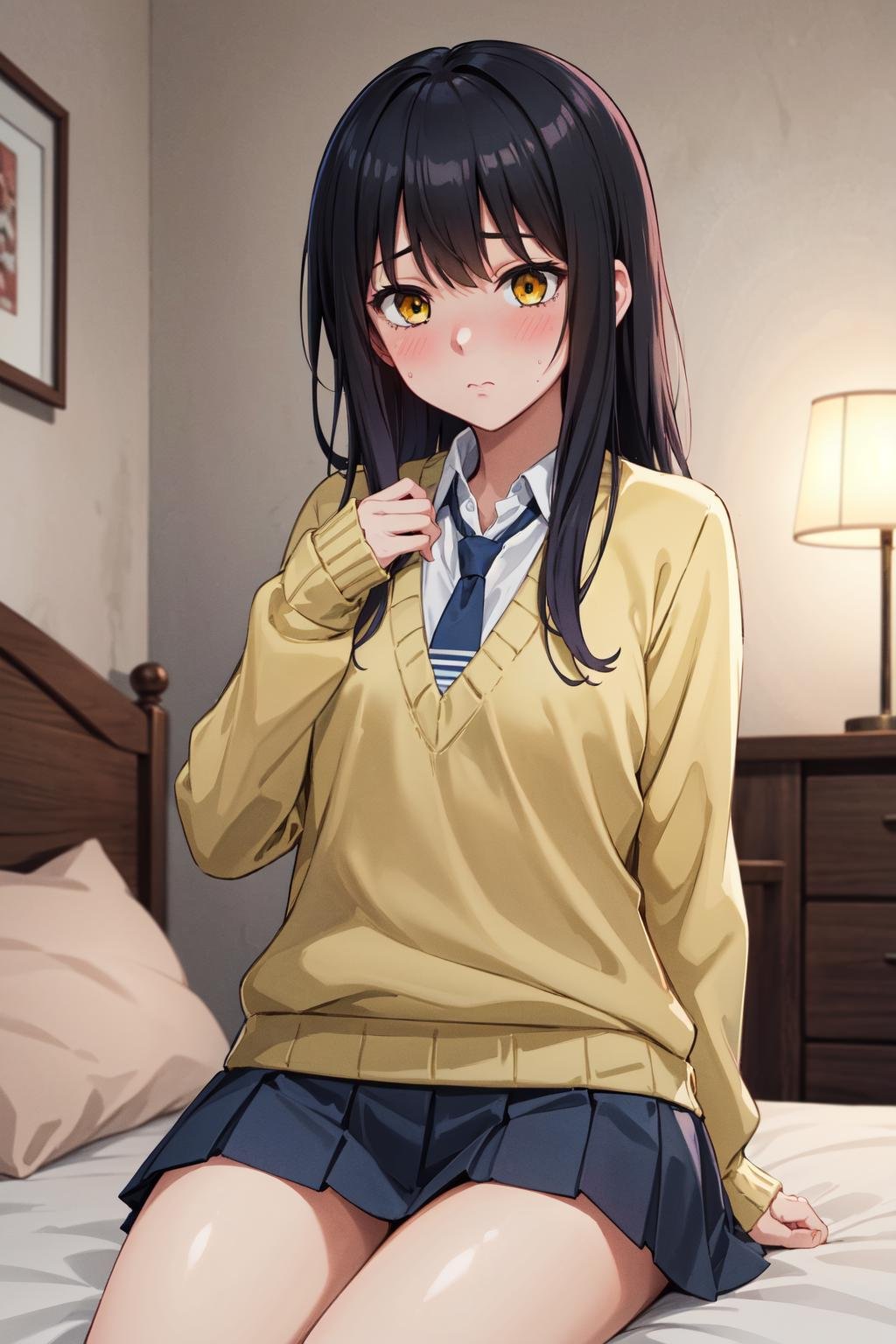 masterpiece,best quality,highres,ultra-detailed,yotsuya miko,long hair,bangs,school uniform,necktie,yellow sweater,white shirt,long sleeves,blue skirt,socks,black socks,<lora:yotsuya_miko:0.7>,indoors,sitting,bed,blush,(embarrass:1.2),night,