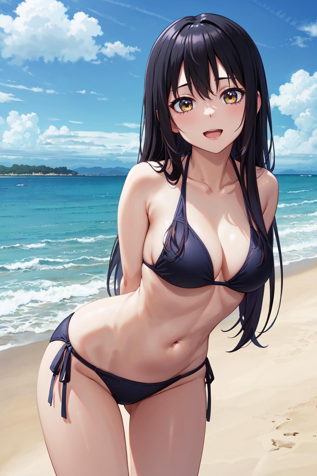 masterpiece,best quality,highres,ultra-detailed,yotsuya miko,long hair,bangs,<lora:yotsuya_miko:0.7>,beach,:d,arms_behind_back,leaning_forward,bikini,