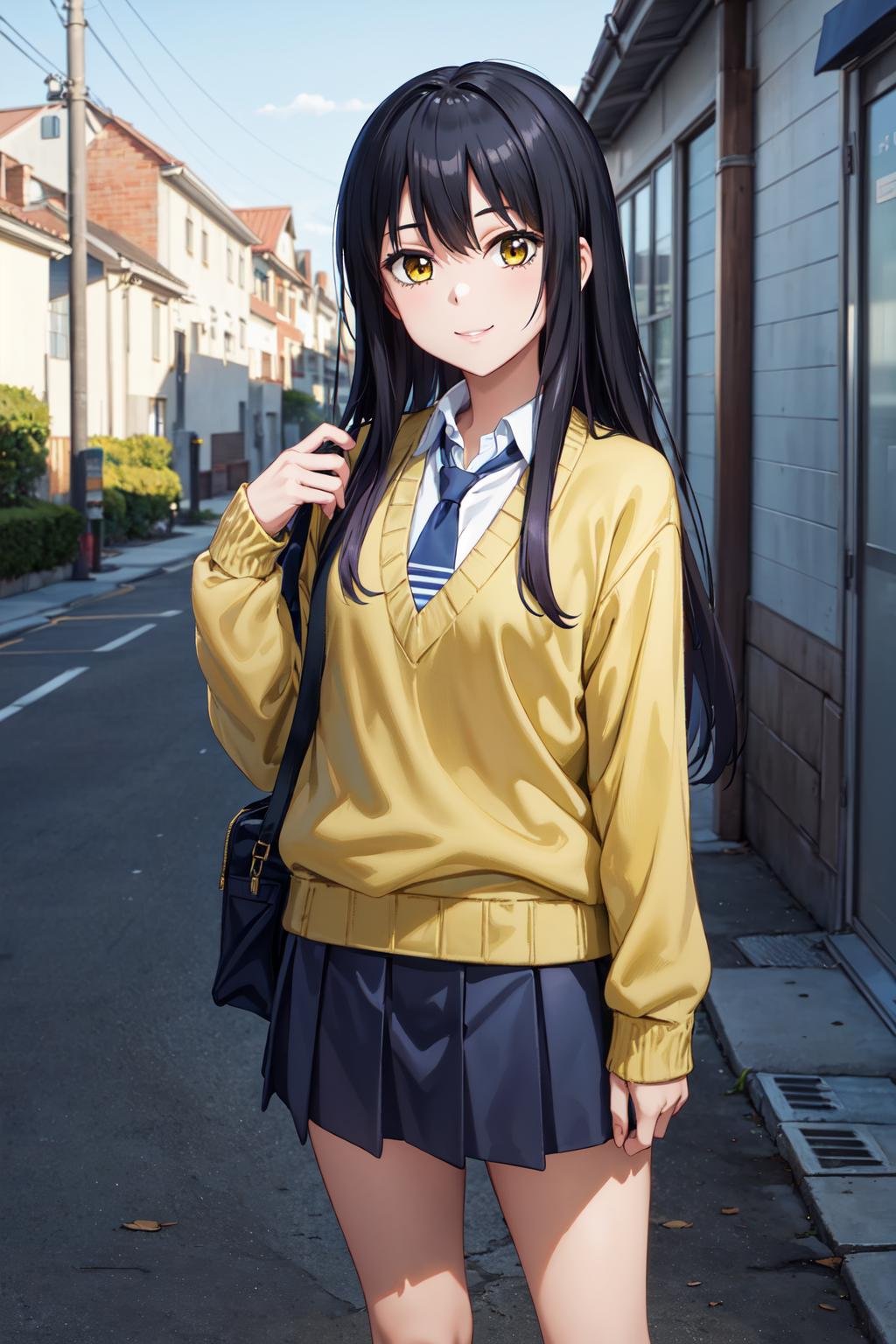 masterpiece,best quality,highres,ultra-detailed,yotsuya miko,long hair,school uniform,necktie,yellow sweater,white shirt,long sleeves,blue skirt,socks,black socks,loafers,<lora:yotsuya_miko:0.7>,outdoors,cowboy shot,smile,standing,