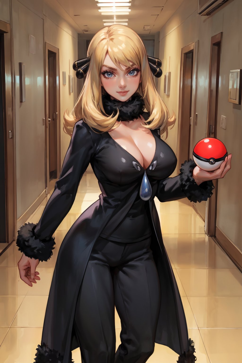 masterpiece, best quality, <lora:pkmncynthia-nvwls-v1:0.9> defCynthia, hair ornament, fur collar, cleavage, black gown, long sleeves, black pants, smile, furrowed brow, cityscape, looking at viewer, large breasts, holding poke ball \(basic\), poke ball \(basic\), smile, furrowed brow, indoors, hallway, science fiction