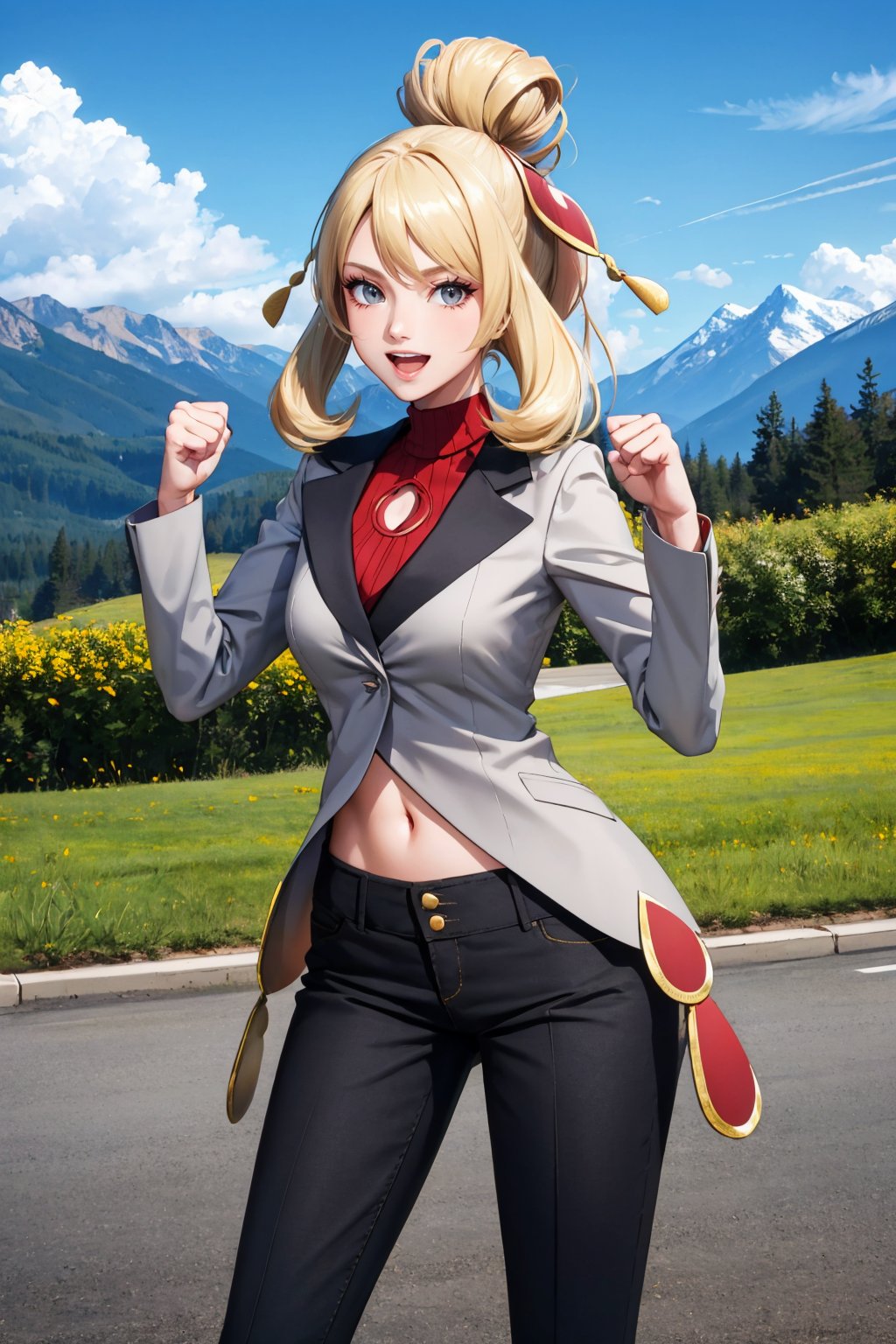 masterpiece, best quality, <lora:pkmncynthia-nvwls-v1:0.9> sygCynthia, hair bun, hairband, grey jacket, red sweater, clothing cutout, black pants, looking at viewer, smile, sky, mountains, clouds, hands up, fists, :D