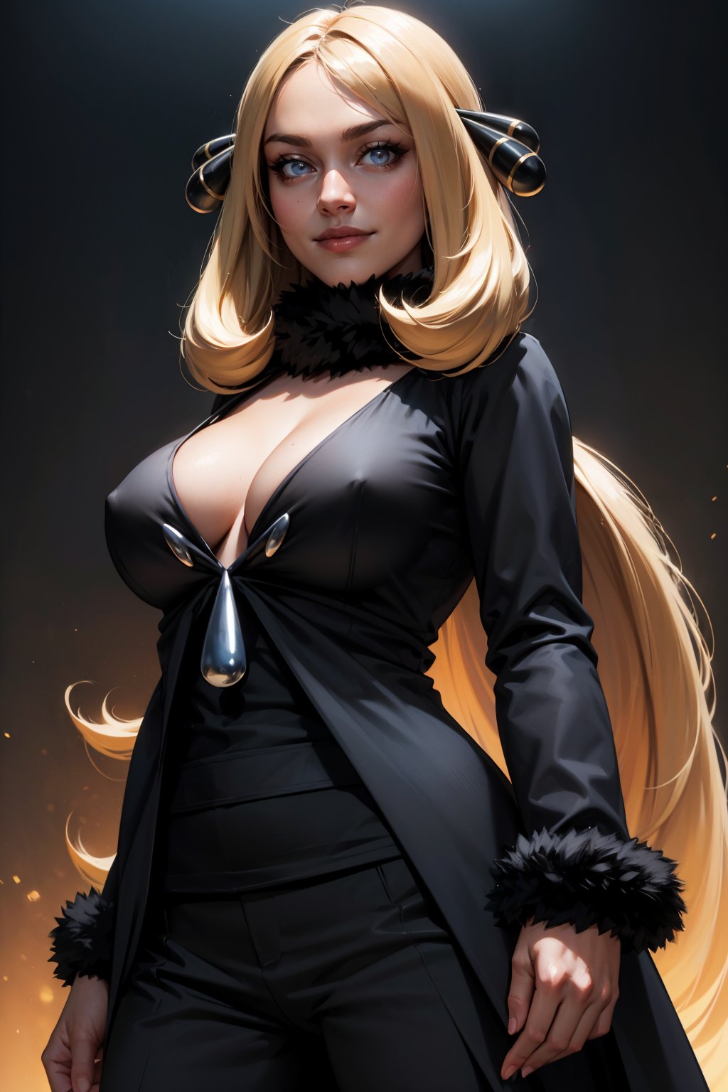 masterpiece, best quality, <lora:pkmncynthia-nvwls-v1:0.9> defCynthia, hair ornament, fur collar, cleavage, black gown, long sleeves, black pants, upper body, looking at viewer, from below, (from below:1.2), smile, glowing eyes, abstract background