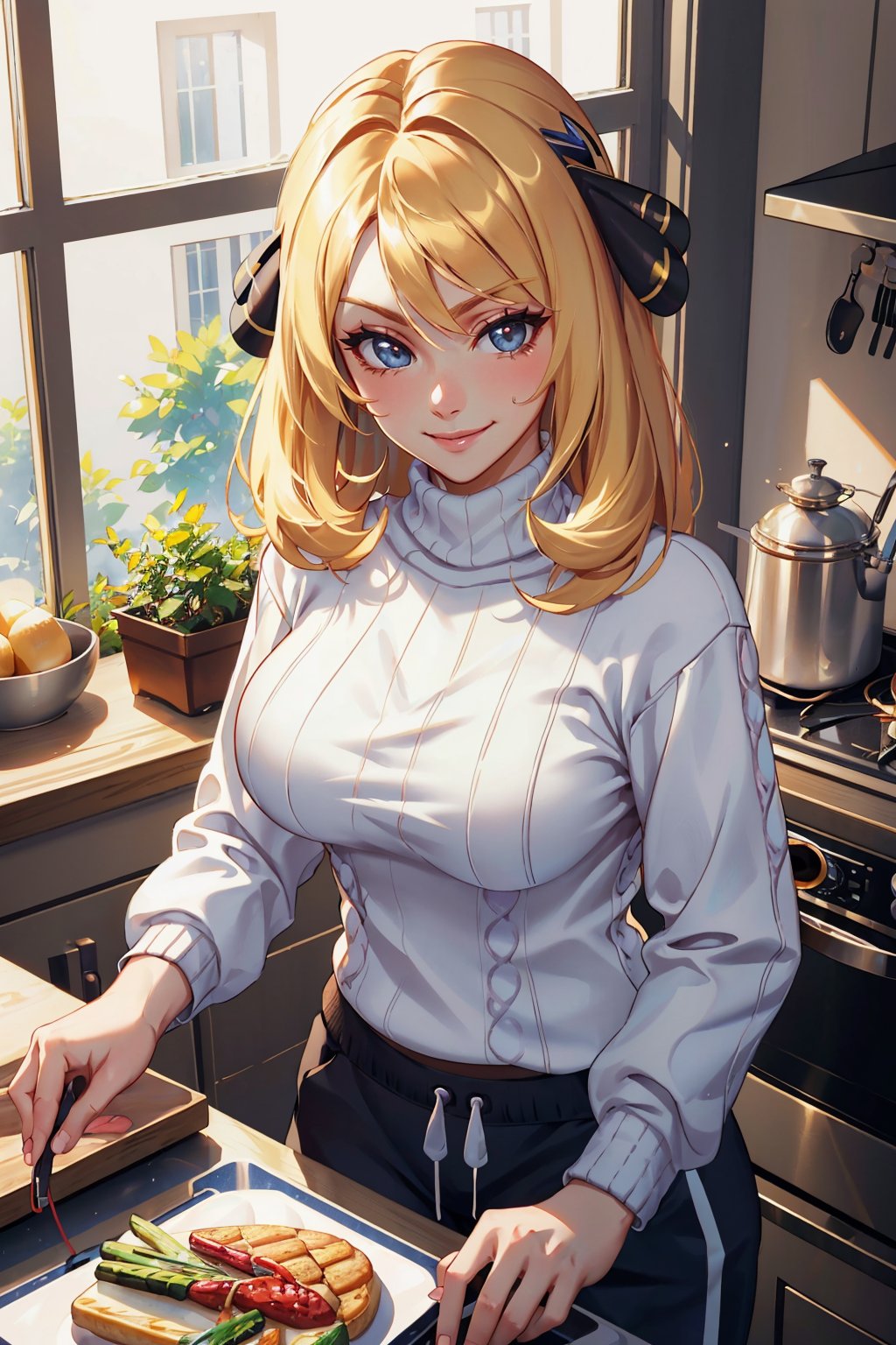 masterpiece, best quality, <lora:pkmncynthia-nvwls-v1:0.8> defCynthia, hair ornament, white sweater, cable-knit sweater, turtleneck, black sweatpants, kitchen, smile, looking at viewer
