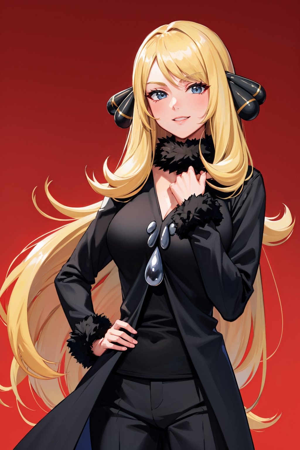 masterpiece, best quality, <lora:pkmncynthia-nvwls-v1:0.9> defCynthia, hair ornament, fur collar, black gown, long sleeves, black pants, upper body, smile, furrowed brow, looking at viewer, red background, gradient background, large breasts, hand on hip