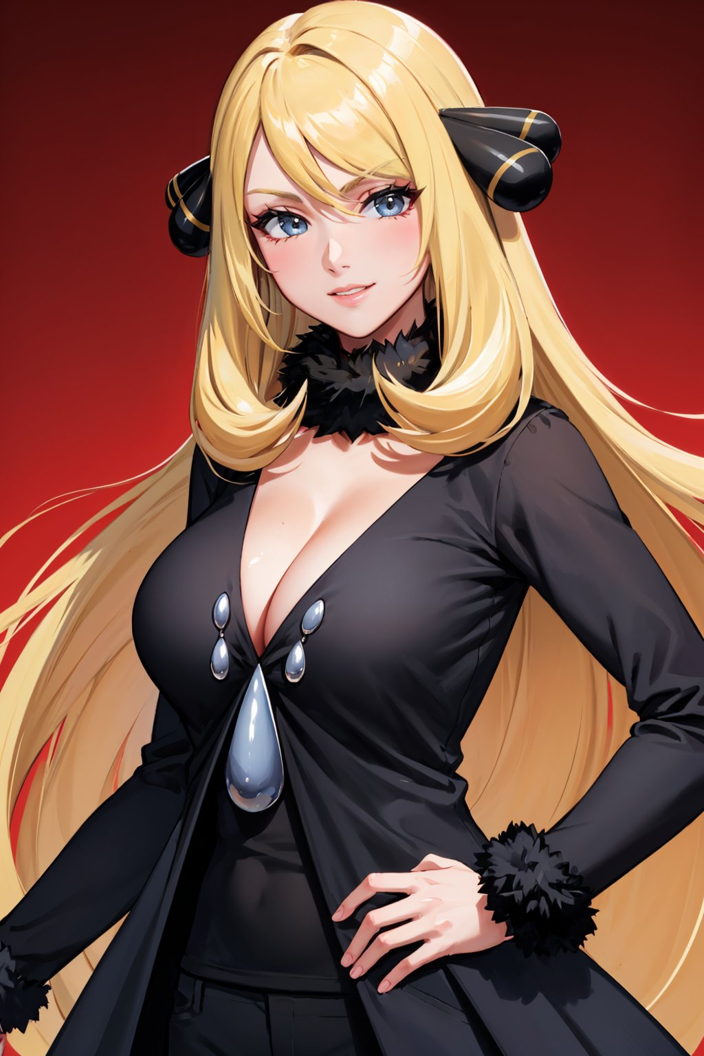 masterpiece, best quality, <lora:pkmncynthia-nvwls-v1:0.9> defCynthia, hair ornament, fur collar, cleavage, black gown, long sleeves, black pants, upper body, smile, furrowed brow, looking at viewer, red background, gradient background, large breasts, one hand on hip