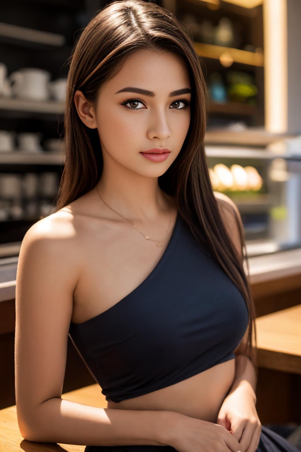 masterpiece, Best quality, masterpiece, ultra high res, (photorealistic:1.4), raw photo, 1girl, wearing black mini dress, waist up, in coffeeshop, deep shadow, dark theme, sitting, nsfw, Sharp Eyeliner, Blush Eyeshadow With Thick Eyelashes, extremely delicate and beautiful, 8k, soft lighting, high quality, highres, sharp focus, extremely detailed, beautiful detailed eyes, extremely detailed eyes and face,