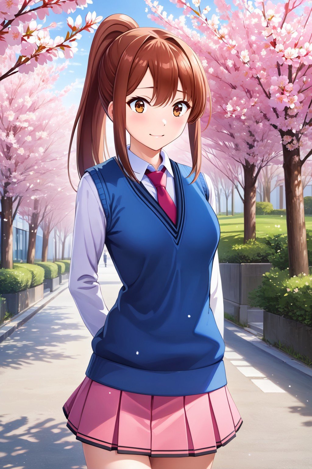 (masterpiece, best quality, highres, anime art style, pixiv), (1girl, solo, aoyama nanami, brown eyes, ponytail, school uniform, blue sweater vest, red necktie, pink skirt), (looking at viewer, slight smile), (cherry blossoms, petals), <lora:aoyama_nanami_xl:0.7>