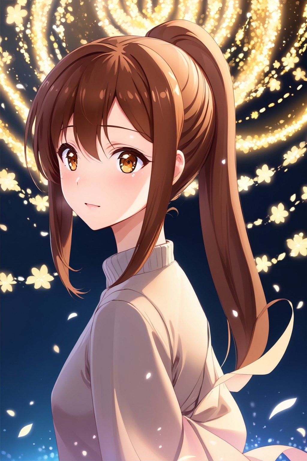 (masterpiece, best quality, highres, anime art style, pixiv), (1girl, solo, aoyama nanami, brown eyes, brown hair, ponytail), (abstract, abstract background, romanticized, bloom, swirling lights, light particles), blush, mature female, <lora:aoyama_nanami_xl:0.7>