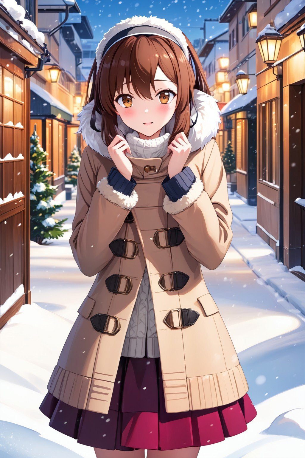 (masterpiece, best quality, highres, anime art style, pixiv), (1girl, solo, aoyama nanami, brown eyes, skirt, hairband, beige coat), (snowing, snow), <lora:aoyama_nanami_xl:0.7>