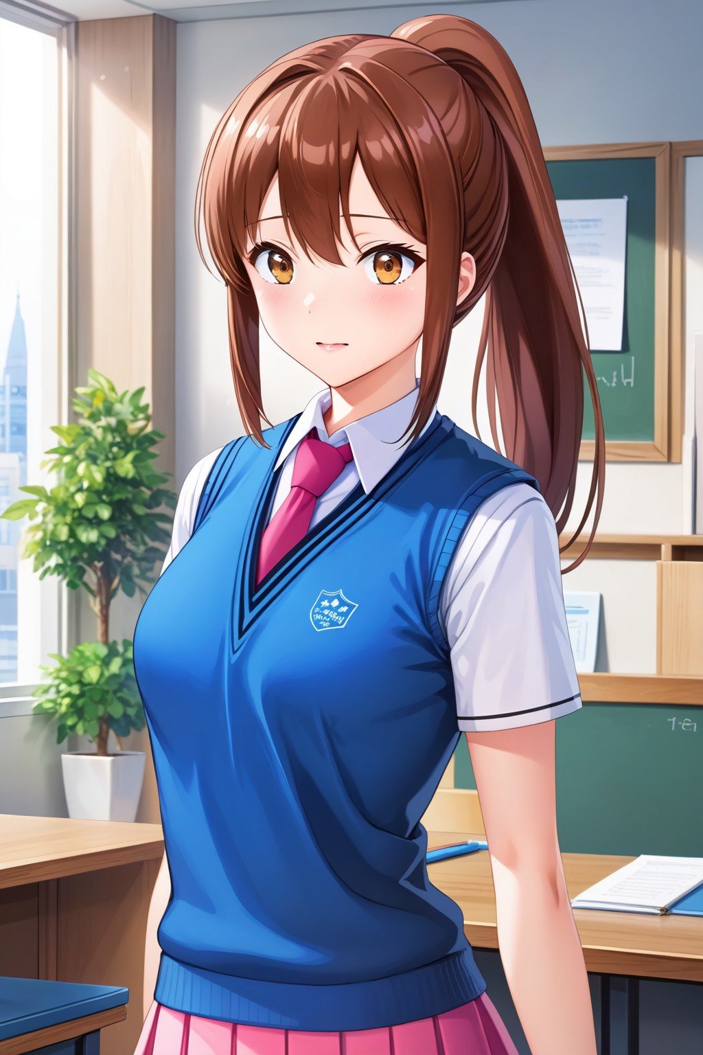 (masterpiece, best quality, highres, anime art style, pixiv), (1girl, solo, aoyama nanami, brown eyes, brown hair, ponytail, school uniform, blue sweater vest, red necktie, pink skirt), <lora:aoyama_nanami_xl:0.7>