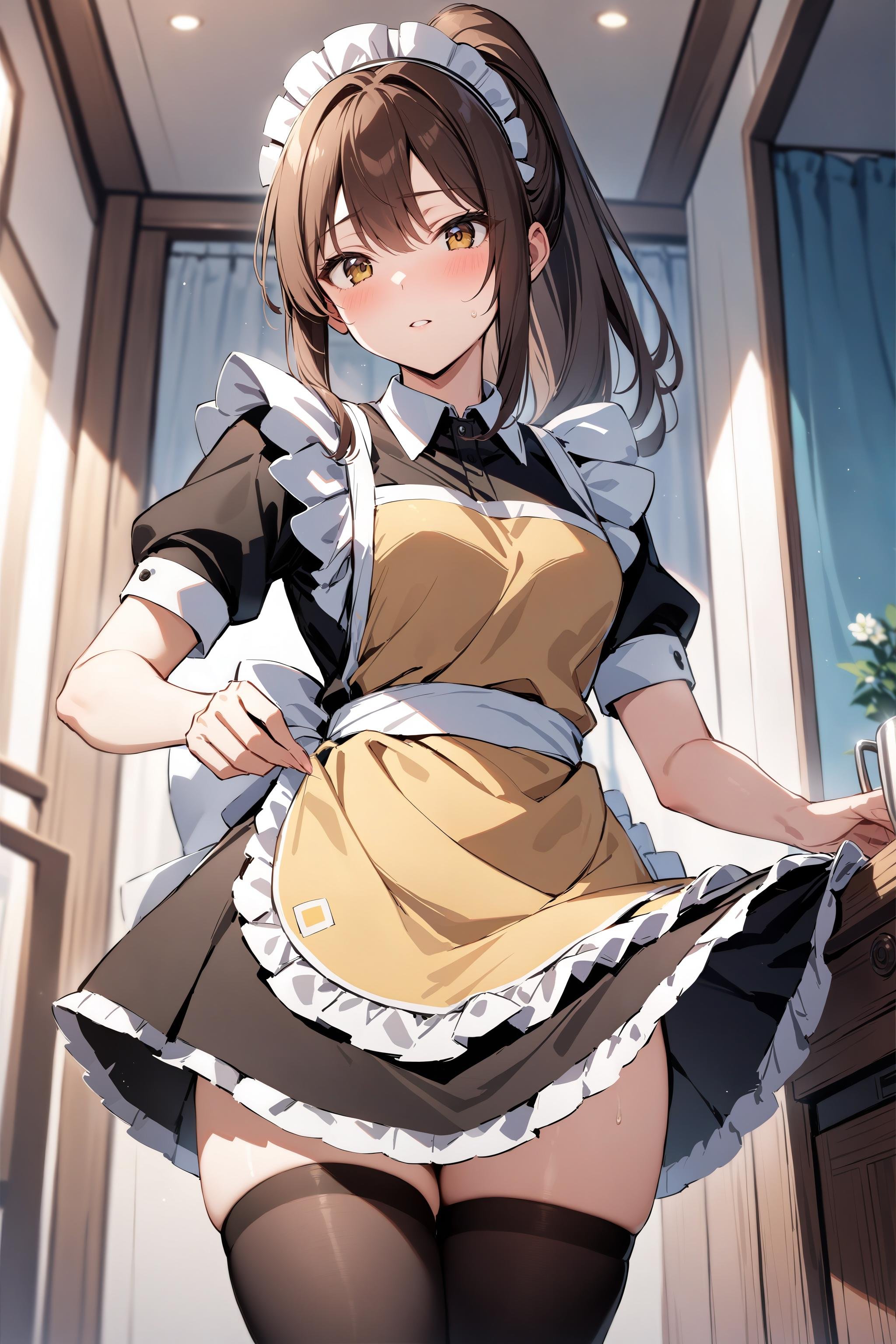 masterpiece, best quality, highres booru, 1girl, solo, ponytail, maid headdress, yellow apron, maid, black thighhighs, skirt, short sleeves, apron, ribbon, yellow frills, aoyama nanami, <lora:aoyama_nanami-000050:0.7>