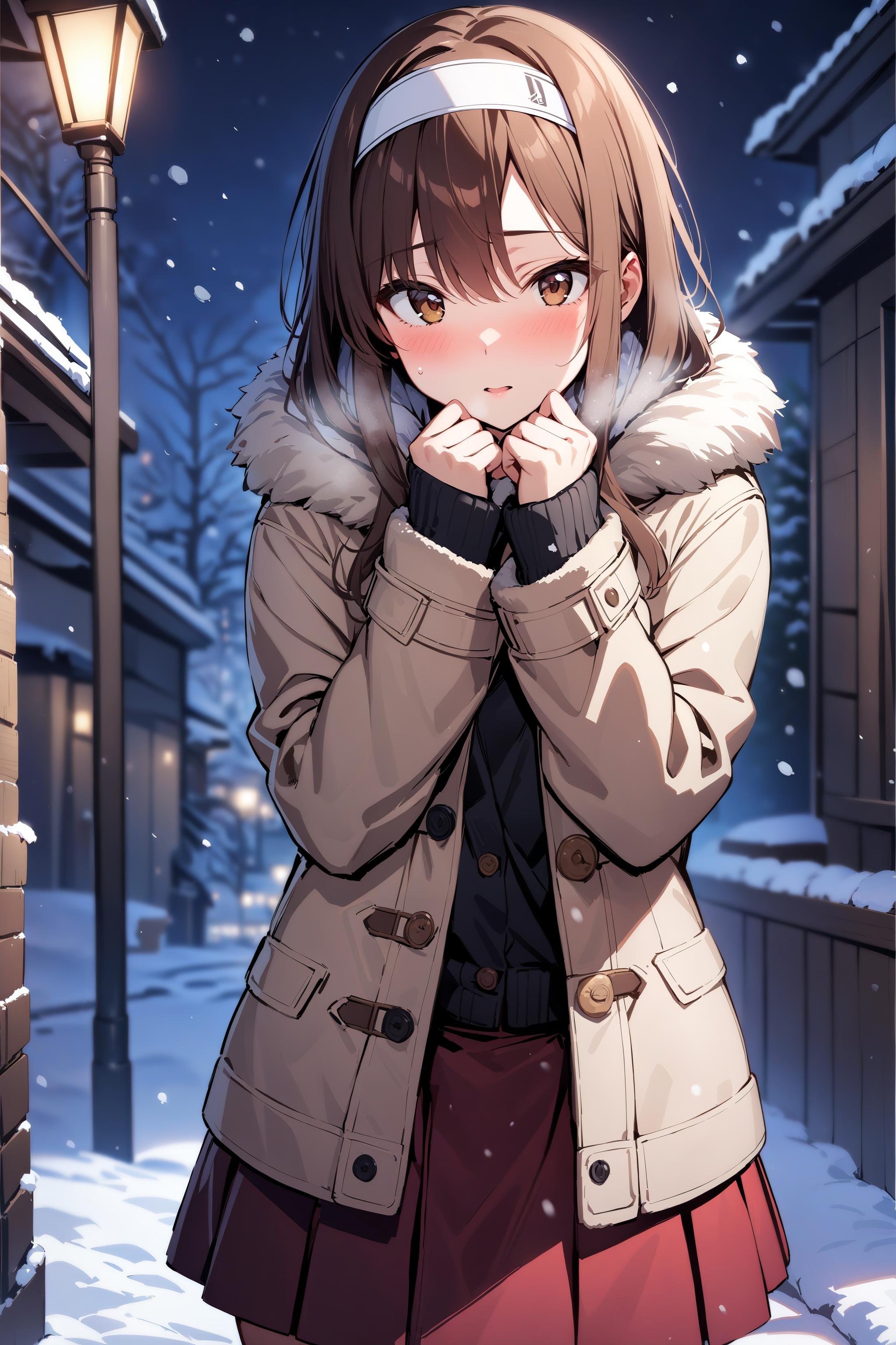 masterpiece, best quality, highres booru, 1girl, solo, snowing, snow, beige coat, red skirt, white hairband, aoyama nanami, <lora:aoyama_nanami-000050:0.7>