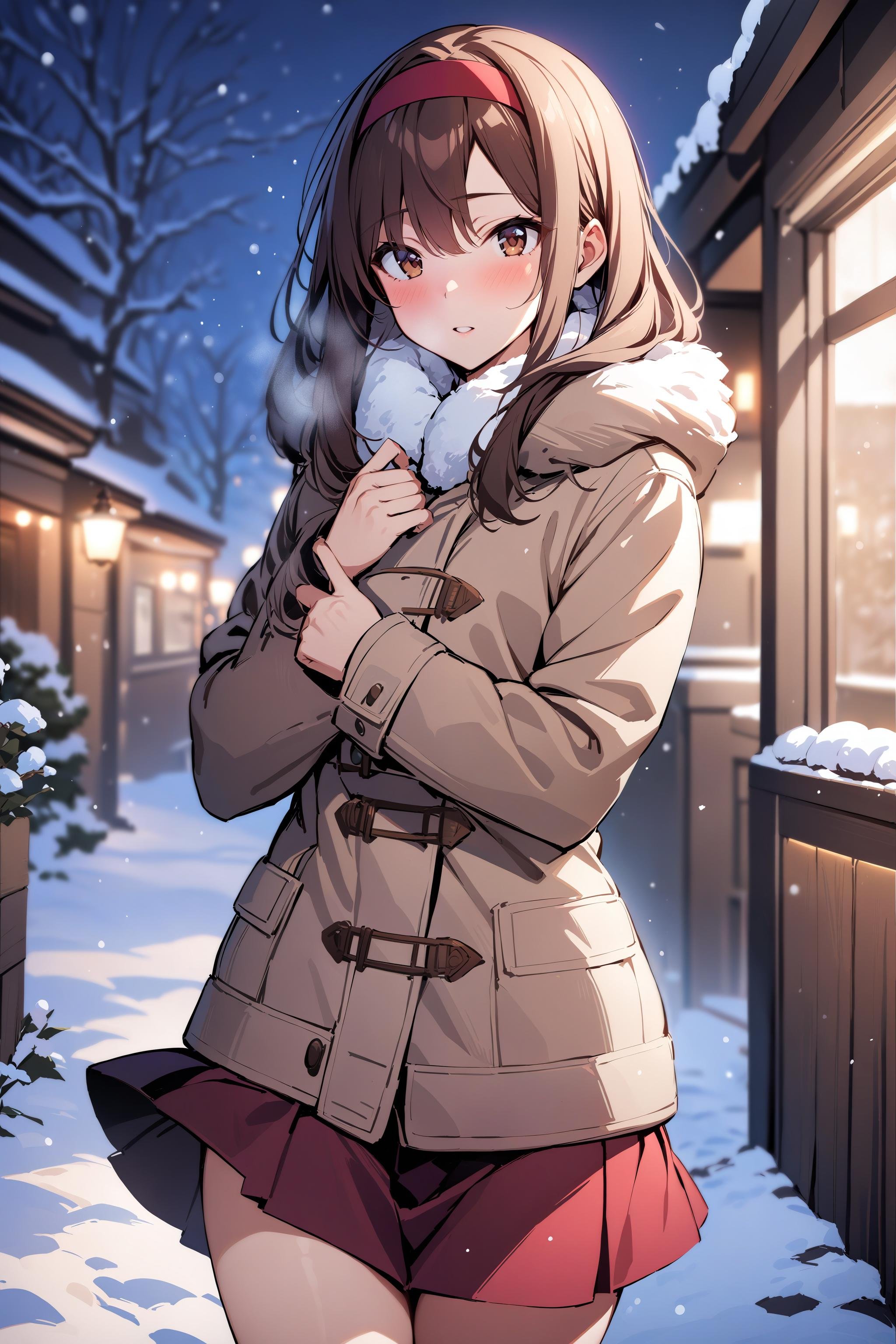 masterpiece, best quality, highres booru, 1girl, solo, aoyama nanami, skirt, hairband, beige coat, red skirt, snowing, snow, <lora:aoyama_nanami-000050:0.7>