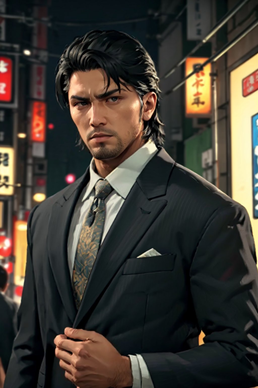 (1 image only), solo male, 1boy, Daigo Dojima, Yakuza, 34 years old, Asian, Japanese, black hair,  short hair, slicked back hair, stubble, handsome,  white collared shirt, (black suit jacket:1.4), black necktie, fit body, mature, manly, hunk, masculine,  virile, confidence, charming, alluring, upper body in frame, night at Kabukicho Tokyo, perfect anatomy, perfect proportions, 8k, HQ, (best quality:1.5, hyperrealistic:1.5, photorealistic:1.4, madly detailed CG unity 8k wallpaper:1.5, masterpiece:1.3, madly detailed photo:1.2), (hyper-realistic lifelike texture:1.4, realistic eyes:1.2), high_resolution, picture-perfect face, perfect eye pupil, detailed eyes,  perfecteyes, perfecteyes, dutch angle