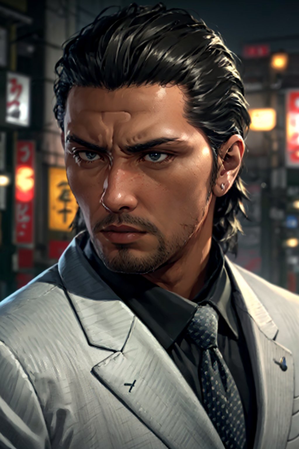 (1 image only), solo male, 1boy, Daigo Dojima, Yakuza, 34 years old, Asian, Japanese, black hair, short hair, slicked back hair, stubble, handsome, white collared shirt, (black suit jacket:1.2), black necktie, fit body, mature, manly, hunk, masculine, virile, confidence, charming, alluring, upper body in frame, night at Kabukicho Tokyo, perfect anatomy, perfect proportions, 8k, HQ, (best quality:1.5, hyperrealistic:1.5, photorealistic:1.4, madly detailed CG unity 8k wallpaper:1.5, masterpiece:1.3, madly detailed photo:1.2), (hyper-realistic lifelike texture:1.4, realistic eyes:1.2), high_resolution, picture-perfect face, perfect eye pupil, detailed eyes, perfecteyes,perfecteyes,Daigo Dojima 