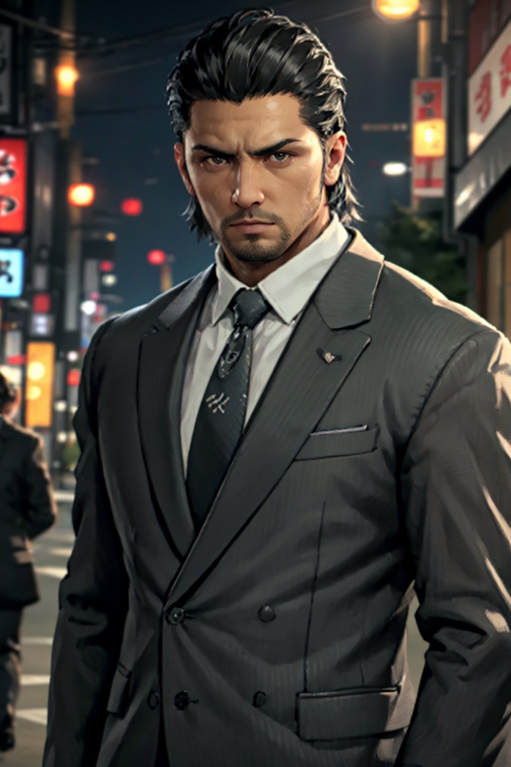 (1 image only), solo male, 1boy, Daigo Dojima, Yakuza, 34 years old, Asian, Japanese, black hair,  short hair, slicked back hair, stubble, handsome,  white collared shirt, (black suit jacket:1.4), black necktie, fit body, mature, manly, hunk, masculine,  virile, confidence, charming, alluring, upper body in frame, night at Kabukicho Tokyo, perfect anatomy, perfect proportions, 8k, HQ, (best quality:1.5, hyperrealistic:1.5, photorealistic:1.4, madly detailed CG unity 8k wallpaper:1.5, masterpiece:1.3, madly detailed photo:1.2), (hyper-realistic lifelike texture:1.4, realistic eyes:1.2), high_resolution, picture-perfect face, perfect eye pupil, detailed eyes,  perfecteyes, perfecteyes, dutch angle