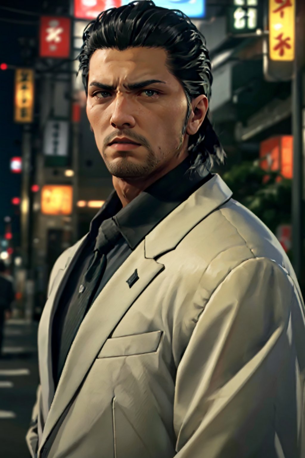 (1 image only), solo male, 1boy, Daigo Dojima, Yakuza, 34 years old, Asian, Japanese, black hair, short hair, slicked back hair, stubble, handsome, white collared shirt, (black suit jacket:1.2), black necktie, fit body, mature, manly, hunk, masculine, virile, confidence, charming, alluring, upper body in frame, night at Kabukicho Tokyo, perfect anatomy, perfect proportions, 8k, HQ, (best quality:1.5, hyperrealistic:1.5, photorealistic:1.4, madly detailed CG unity 8k wallpaper:1.5, masterpiece:1.3, madly detailed photo:1.2), (hyper-realistic lifelike texture:1.4, realistic eyes:1.2), high_resolution, picture-perfect face, perfect eye pupil, detailed eyes, perfecteyes,perfecteyes,Daigo Dojima 