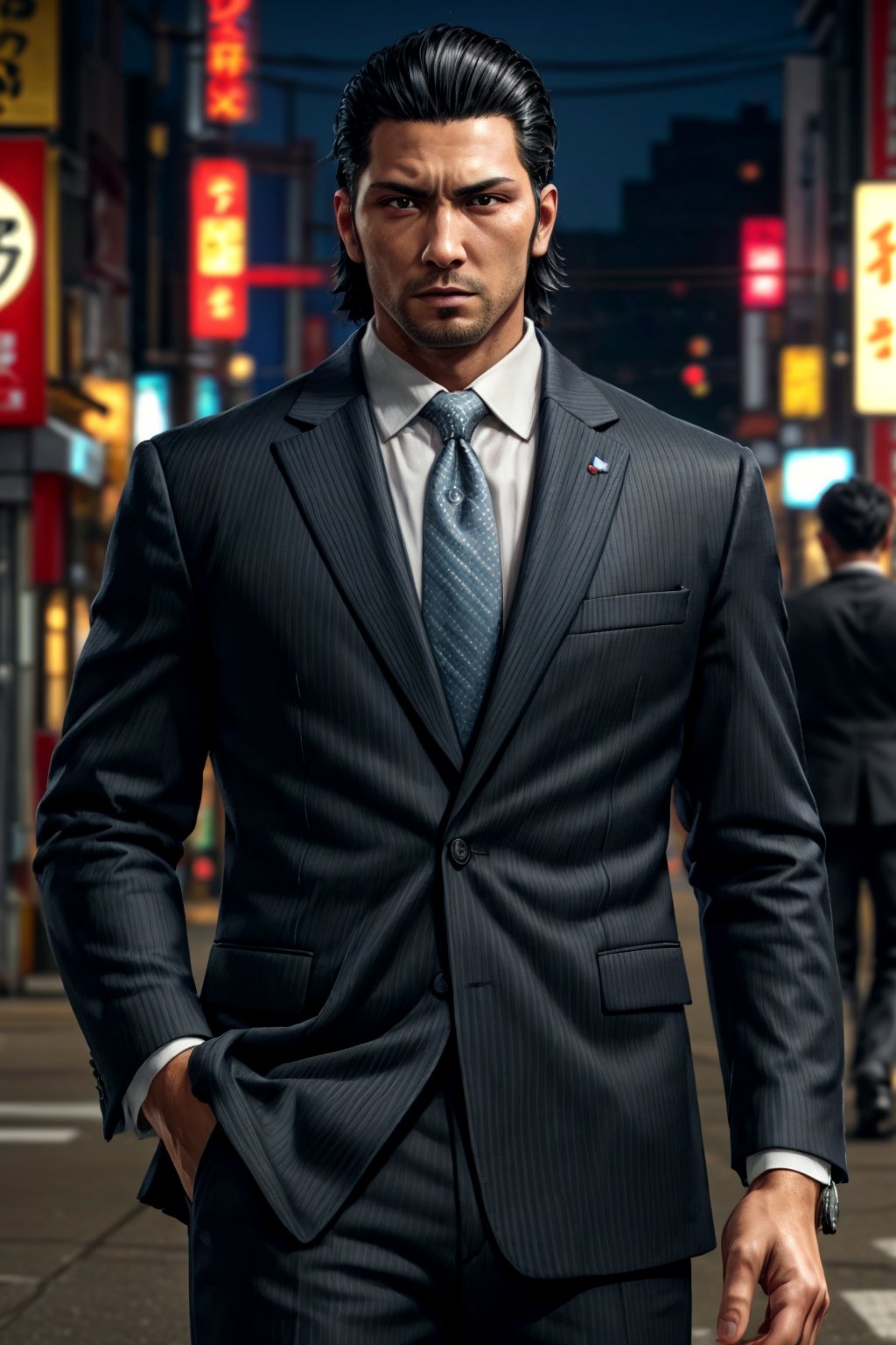 (1 image only), solo male, 1boy, Daigo Dojima, Yakuza, 34 years old, Asian, Japanese, black hair,  short hair, slicked back hair, stubble, handsome,  white collared shirt, (black suit jacket:1.4), black necktie, fit body, mature, manly, hunk, masculine,  virile, confidence, charming, alluring, upper body in frame, night at Kabukicho Tokyo, perfect anatomy, perfect proportions, 8k, HQ, (best quality:1.5, hyperrealistic:1.5, photorealistic:1.4, madly detailed CG unity 8k wallpaper:1.5, masterpiece:1.3, madly detailed photo:1.2), (hyper-realistic lifelike texture:1.4, realistic eyes:1.2), high_resolution, picture-perfect face, perfect eye pupil, detailed eyes,  perfecteyes, perfecteyes, dutch angle