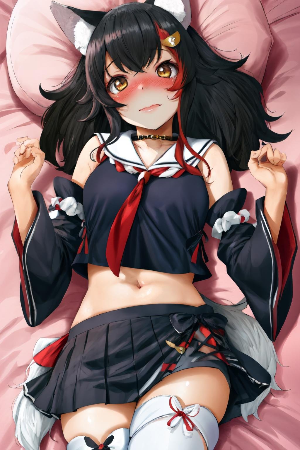 masterpiece, best quality, 1girl, blush, lying, bed, drool, <lora:mio:1> miodefault, long hair, hair ornament, sailor collar, black shirt, black skirt, detached sleeves, midriff, kouhaku nawa, (white thighhighs:1.2), wolf tail,  <lora:spfuhimikoStyle-22:1>