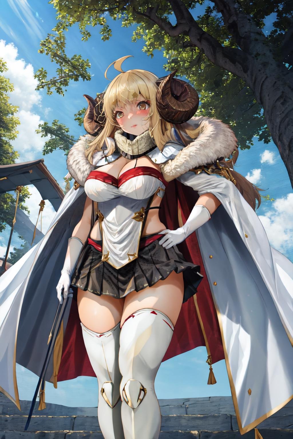 masterpiece, best quality, 1girl, <lora:spfuhimikoStyle:1>, <lora:spgbfAnila:1> aniladef, cleavage, cape, white gloves, white thighhighs, pleated skirt, fur trim, pelvic curtain, white tabard