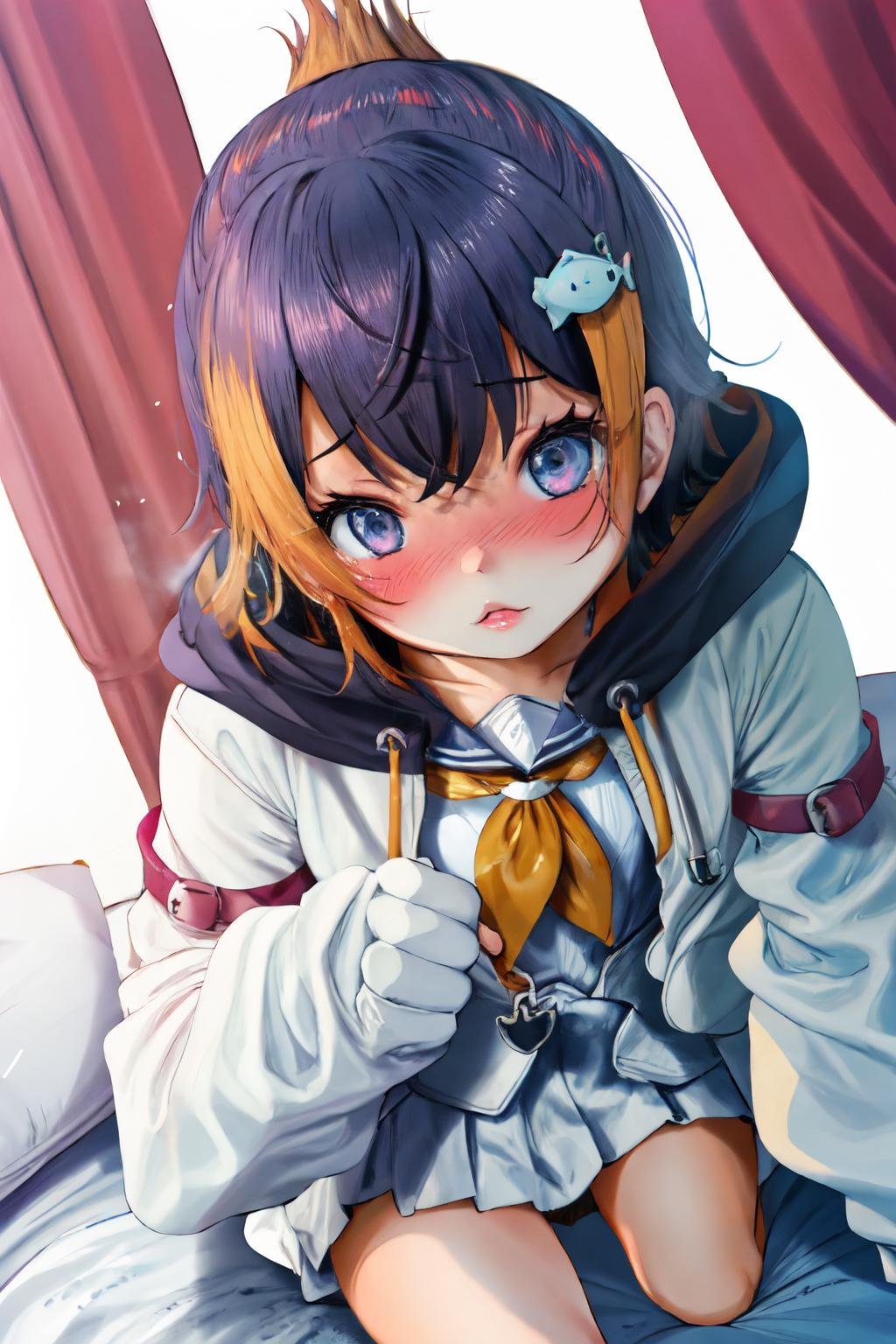 masterpiece, best quality, 1girl, blush, <lora:sppetraGurin:0.9> gurin1st, fish hair ornament, hoodie, white hoodie, penguin hood, sleeves past fingers, sailor collar, white skirt, <lora:spfuhimikoStyle-15:1>, bed sheet, blurry, blurry background, curtains, pillow, twitter username