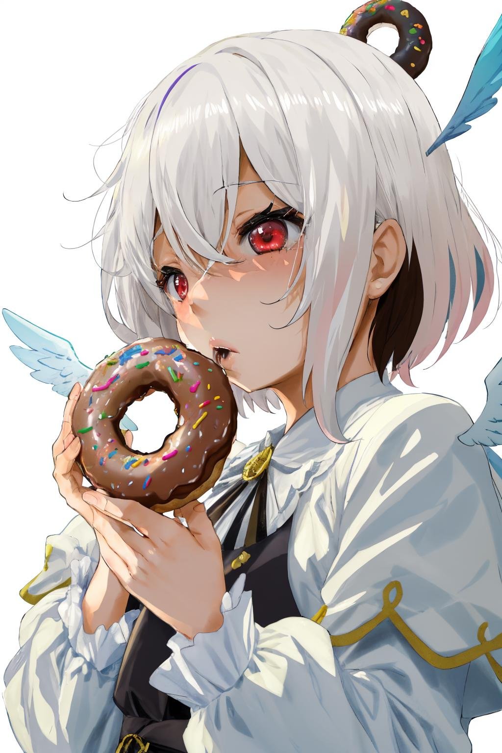 1girl, by fumihiko, fumihiko, 1girl, hair between eyes, red eyes, short hair, white hair, wings, brown background, doughnut, food, french cruller, sprinkles, two-tone background, white background, <lora:spfumihikoStyle:1>