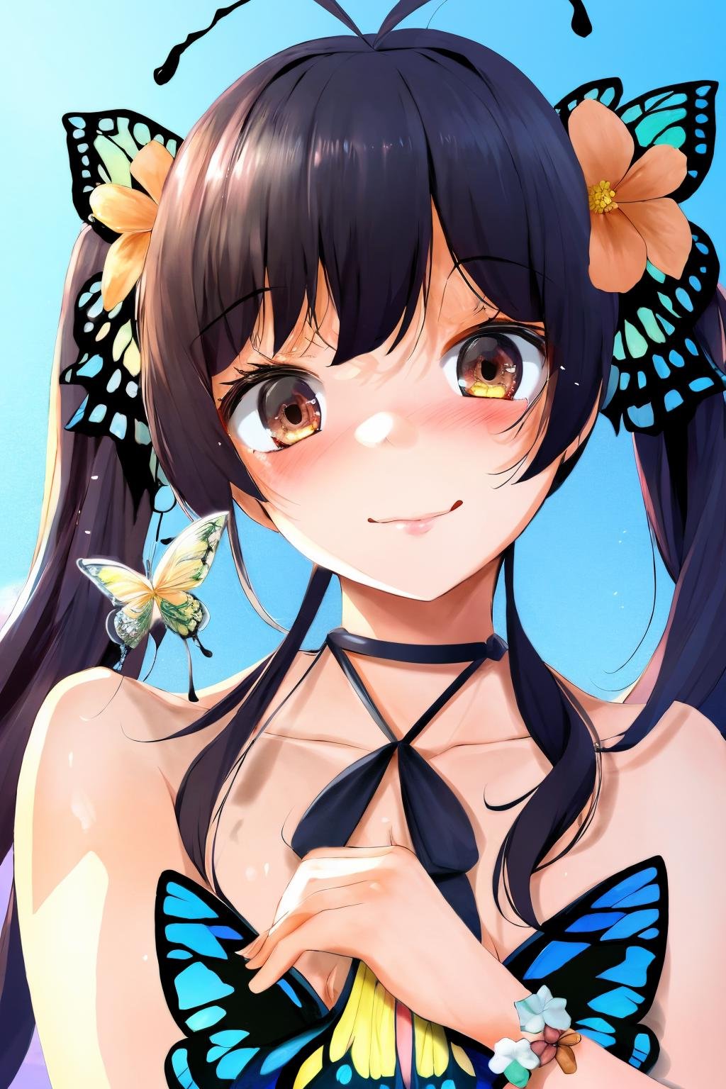 1girl, 1girl, antenna hair, black hair, brown eyes, hair ribbon, long hair, sidelocks, tupet, twintails, bug, butterfly, flower, new year, twitter username, <lora:spfumihikoStyle:1>