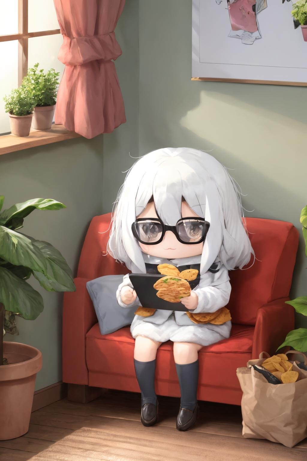 1girl, 1girl, black-framed eyewear, grey eyes, hair between eyes, tentacles, white hair, bag of chips, border, candy, couch, curtains, food, indoors, pillow, plant, poster (object), potted plant, tablet pc, window, <lora:spfumihikoStyle:0.7> <lora:style_walfie:1> chibi