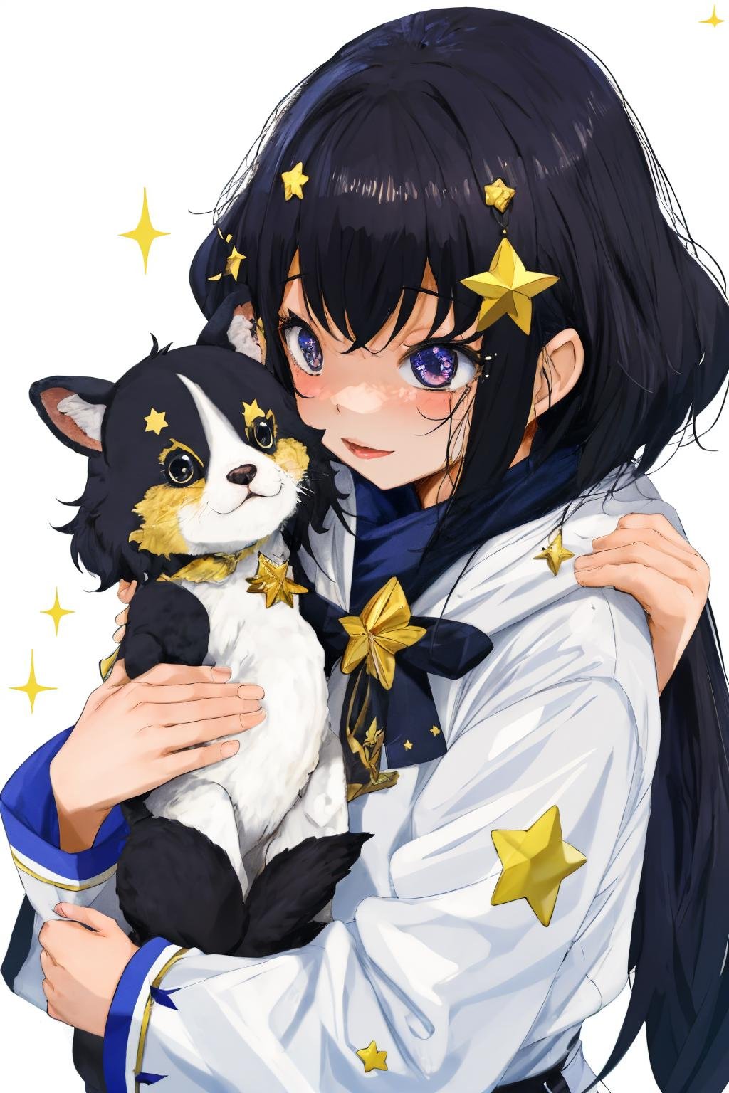 1girl, by fumihiko, fumihiko, 1girl, animal, black hair, child, female child, sparkle, star (symbol), white theme, <lora:spfumihikoStyle:1>