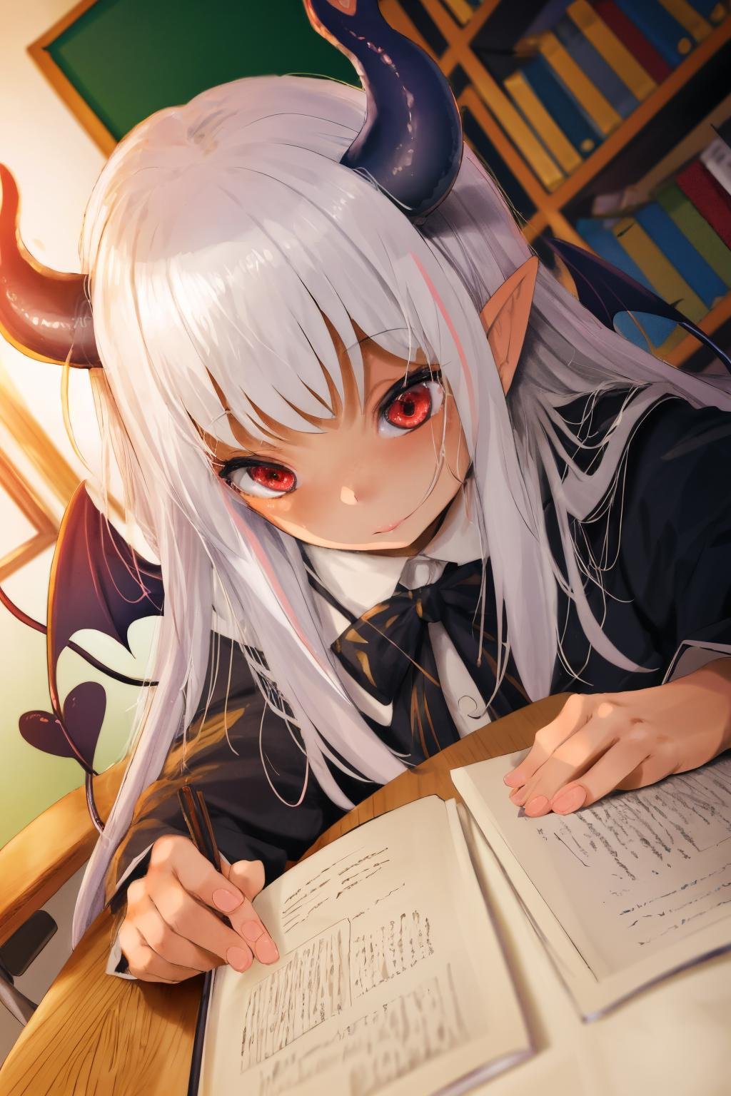 1girl, by fumihiko, fumihiko, 1girl, demon tail, demon wings, horns, long hair, pointy ears, red eyes, tail, white hair, wings, artist name, blurry, blurry background, book, chair, chalkboard, classroom, day, depth of field, desk, dutch angle, indoors, open book, school, school chair, school desk, shelf, sunlight, upper body, <lora:spfumihikoStyle:1>