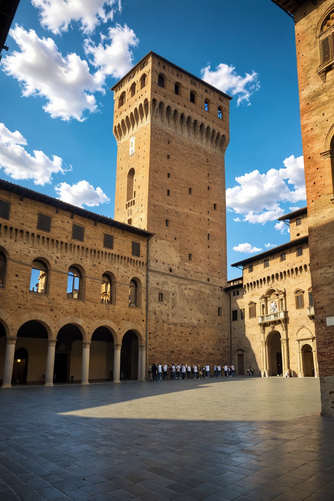 (Documentary photograph:1.3) of (Palazzo Vecchio in Florence:1.4), 14th century, (golden ratio:1.3), (medieval architecture:1.3), (mullioned windows:1.3),(brick wall:1.1), (tower with merlons:1.2), (overlooking the Piazza della Signoria:1.2), beautiful blue sky with imposing cumulonembus clouds, BREAK shot on Canon EOS 5D, from below, Fujicolor Pro film, in the style of Miko Lagerstedt/Liam Wong/Nan Goldin/Lee Friedlander, (photorealistic:1.3), (soft diffused lighting:1.2), vignette, highest quality, original shot. BREAK Front view, well-lit, (perfect focus:1.2), award winning, detailed and intricate, masterpiece, itacstl,real_booster,itacstl