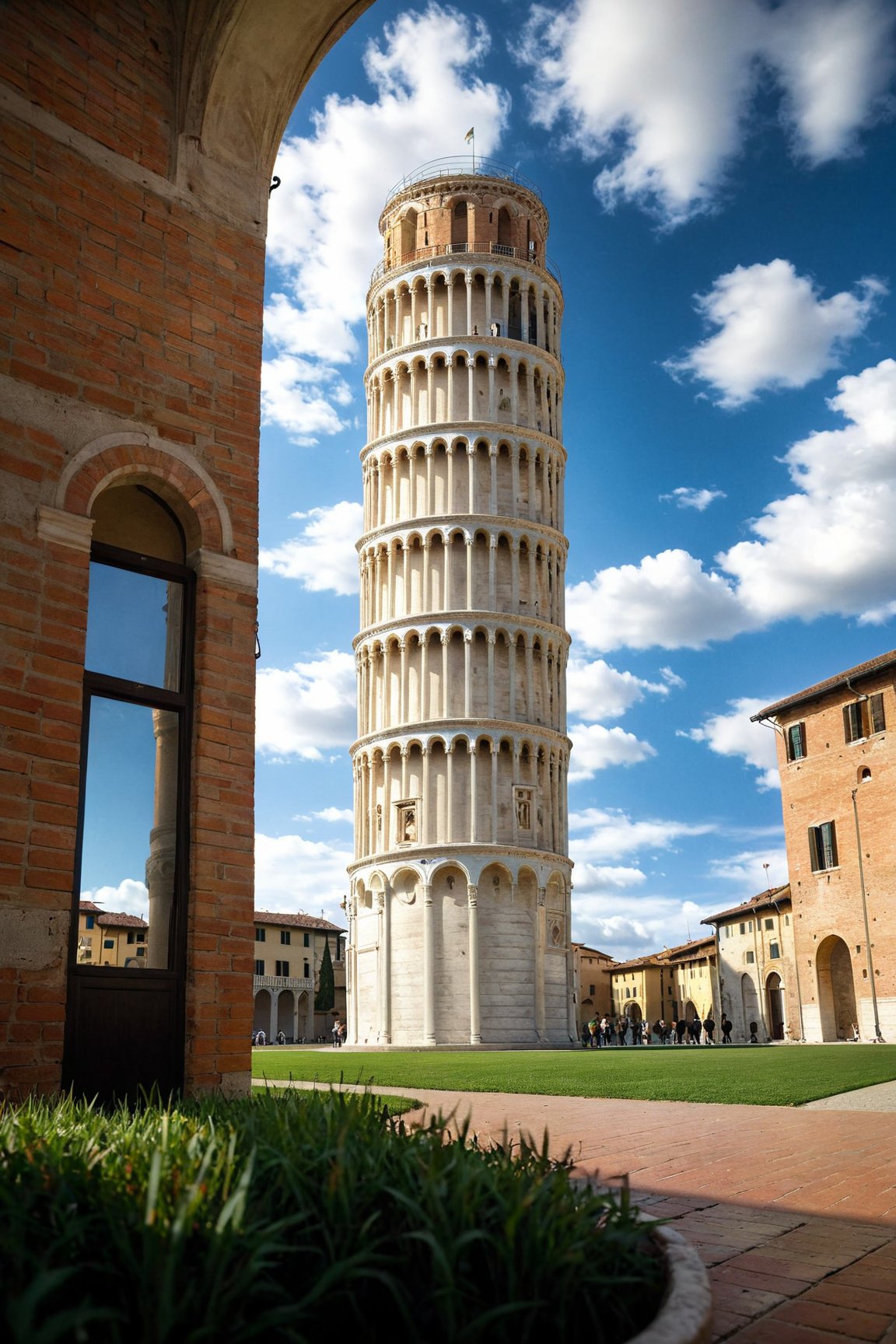 (Documentary photograph:1.3) of (The Leaning Tower of Pisa:1.4), 14th century, (golden ratio:1.3), (medieval architecture:1.3), (mullioned windows:1.3),(brick wall:1.1), (overlooking the Piazza dei Miracoli:1.4), beautiful blue sky with imposing cumulonembus clouds, grass meadow, BREAK shot on Canon EOS 5D, from below, Fujicolor Pro film, in the style of Miko Lagerstedt/Liam Wong/Nan Goldin/Lee Friedlander, (photorealistic:1.3), (soft diffused lighting:1.2), vignette, highest quality, original shot. BREAK Front view, well-lit, (perfect focus:1.2), award winning, detailed and intricate, masterpiece, itacstl,real_booster,itacstl