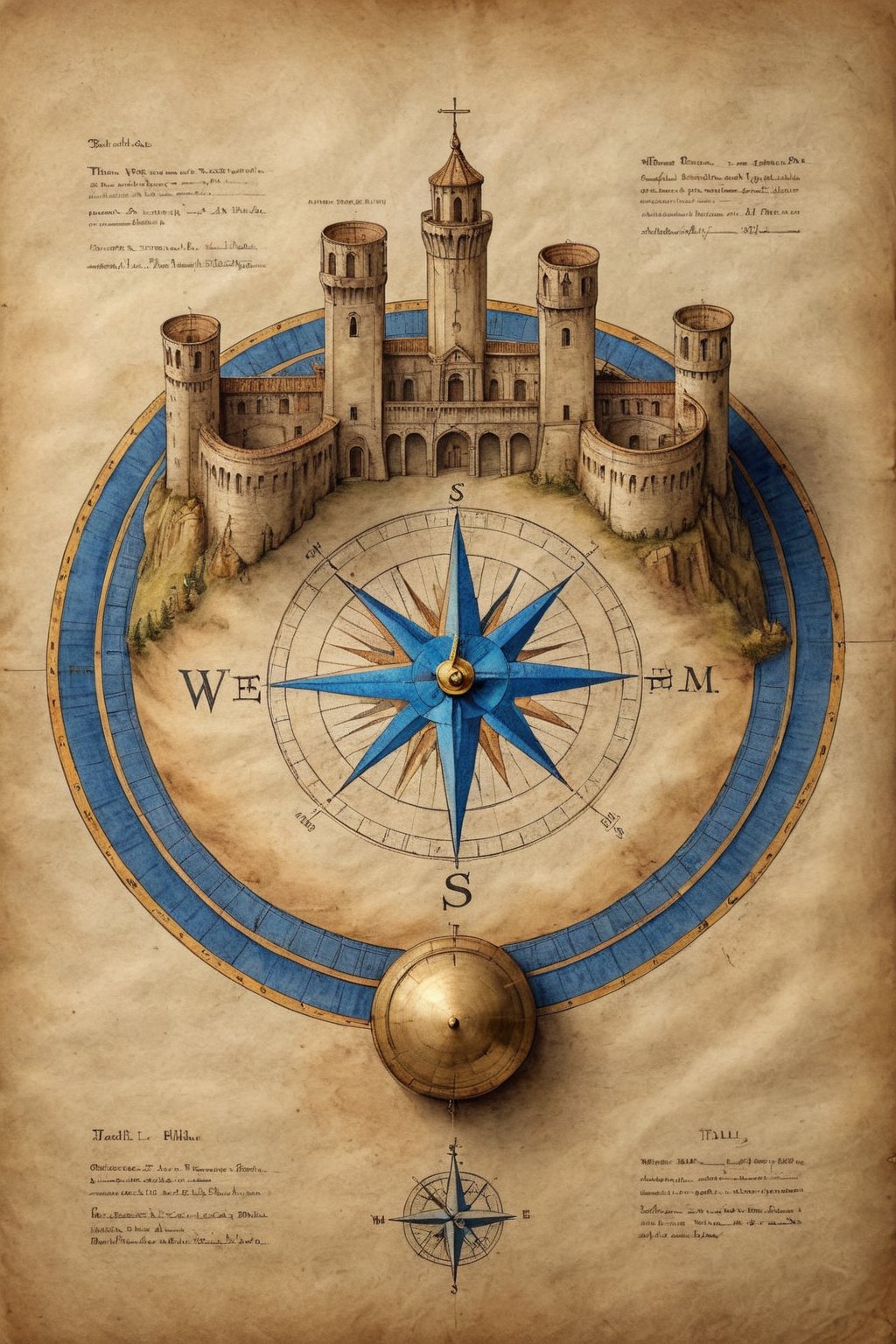 (Architectural blueprint:1.3),  ink drawing,  on parchment,  of a wonderful (medieval castle in Italy:1.4),  14th century,  (golden ratio:1.3),  (medieval architecture:1.3), (mullioned windows:1.3), (brick wall:1.1),  (towers with merlons:1.2),  (set on top of a hill overlooking a valley:1.2),  beautiful blue sky with imposing cumulonembus clouds,  BREAK (aerial view:1.2),  (compass rose:1.2), vignette,  highest quality,  original shot. BREAK Front view,  well-lit,  (perfect focus:1.2),  award winning,  detailed and intricate,  masterpiece,  itacstl, real_booster, itacstl, on parchment, art_booster,