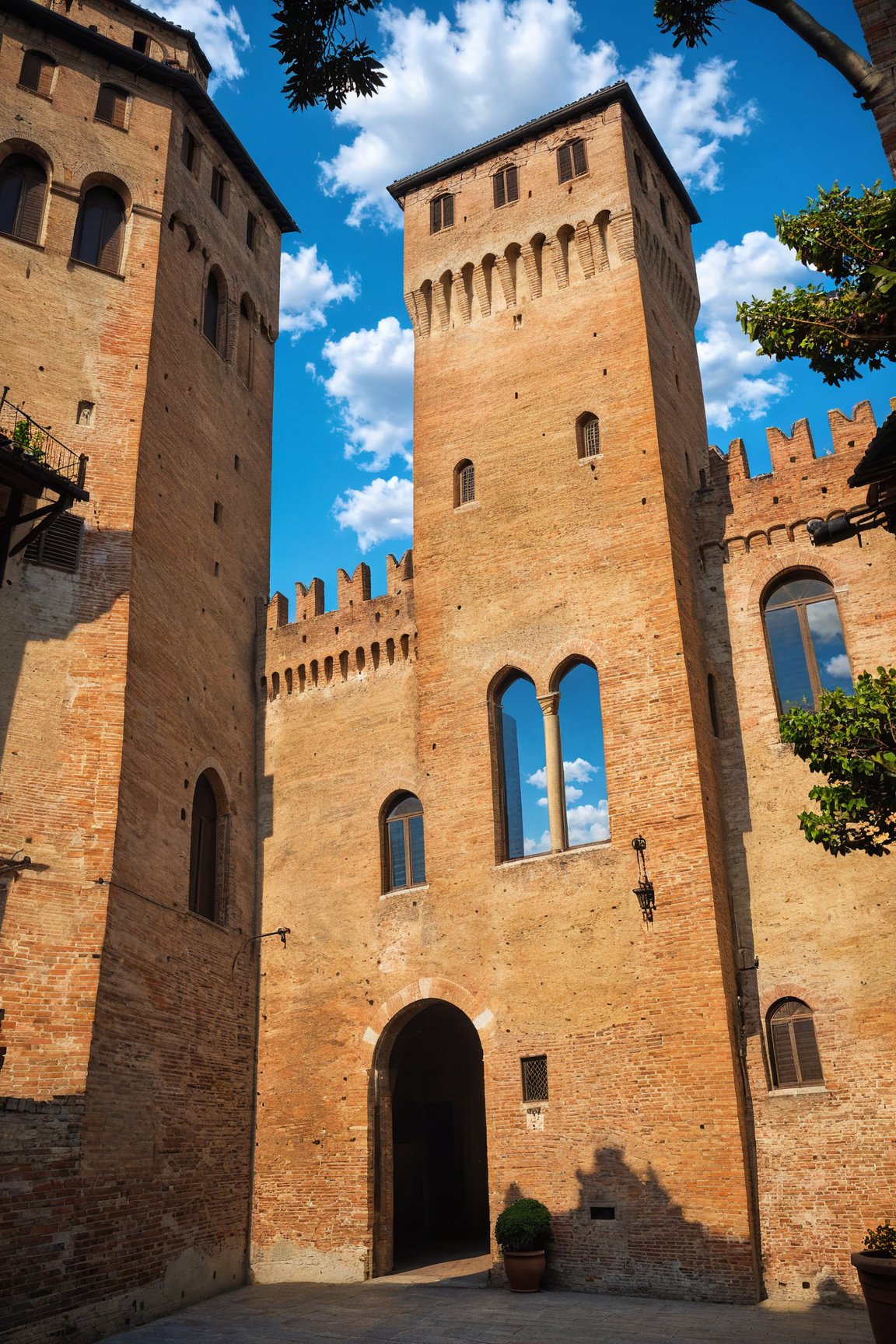 (Documentary photograph:1.3) of a magnificent (Italian medieval castle:1.4),  14th century,  (golden ratio:1.3),  (mullioned windows:1.3), (brick wall:1.1),  (4 towers with merlons:1.2),  surrounded by trees and overlooked by a beautiful blue sky with imposing cumulonembus clouds,  BREAK shot on Canon EOS 5D,  from below,  Fujicolor Pro film,  in the style of Miko Lagerstedt/Liam Wong/Nan Goldin/Lee Friedlander,  (photorealistic:1.3),  (soft diffused lighting:1.2),  vignette,  highest quality,  original shot. BREAK Front view,  well-lit,  (perfect focus:1.2),  award winning,  detailed and intricate,  masterpiece,  itacstl, real_booster, itacstl,<lora:EMS-276932-EMS:0.800000>,<lora:EMS-281129-EMS:1.000000>