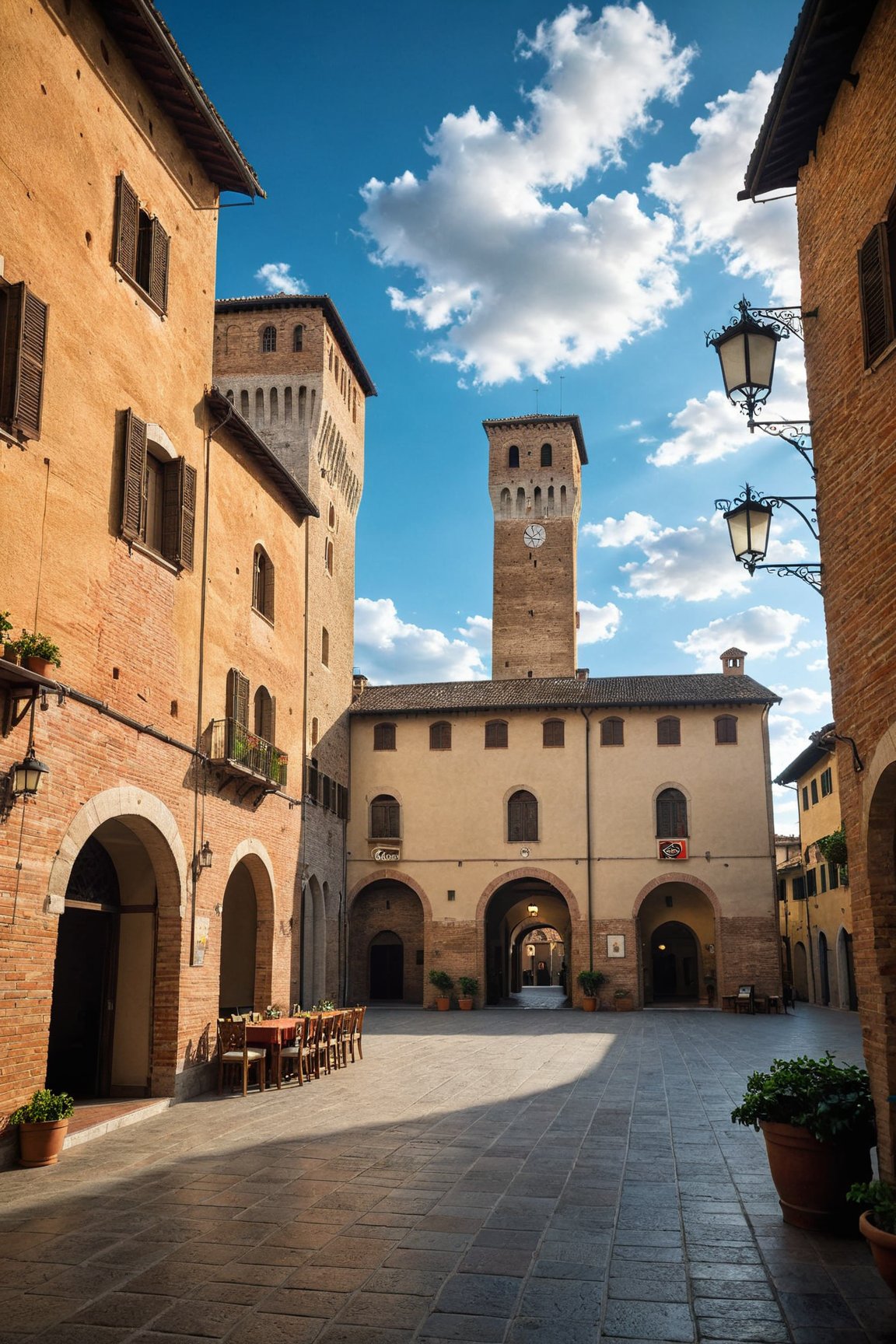 (Documentary photograph:1.3) of a wonderful (medieval plaza in Italy:1.4), 14th century, (golden ratio:1.3), (medieval architecture:1.3),(mullioned windows:1.3),(brick wall:1.1), (tower with merlons:1.2), overlooking the plaza, beautiful blue sky with imposing cumulonembus clouds, BREAK shot on Canon EOS 5D, from below, Fujicolor Pro film, in the style of Miko Lagerstedt/Liam Wong/Nan Goldin/Lee Friedlander, (photorealistic:1.3), (soft diffused lighting:1.2), vignette, highest quality, original shot. BREAK Front view, well-lit, (perfect focus:1.2), award winning, detailed and intricate, masterpiece, itacstl,real_booster,itacstl
