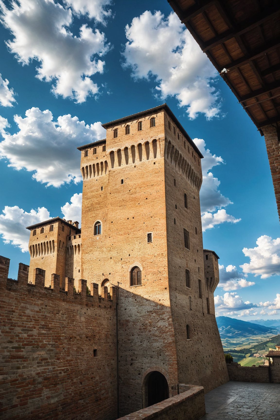 (Documentary photograph:1.3) of a wonderful (medieval castle in Italy:1.4), 14th century, (golden ratio:1.3), (medieval architecture:1.3),(mullioned windows:1.3),(brick wall:1.1), (towers with merlons:1.2), (set on top of a hill overlooking a valley:1.2), beautiful blue sky with imposing cumulonembus clouds, BREAK (aerial view:1.2), shot on Canon EOS 5D, from below, Fujicolor Pro film, in the style of Miko Lagerstedt/Liam Wong/Nan Goldin/Lee Friedlander, (photorealistic:1.3), (soft diffused lighting:1.2), vignette, highest quality, original shot. BREAK Front view, well-lit, (perfect focus:1.2), award winning, detailed and intricate, masterpiece, itacstl,real_booster,itacstl