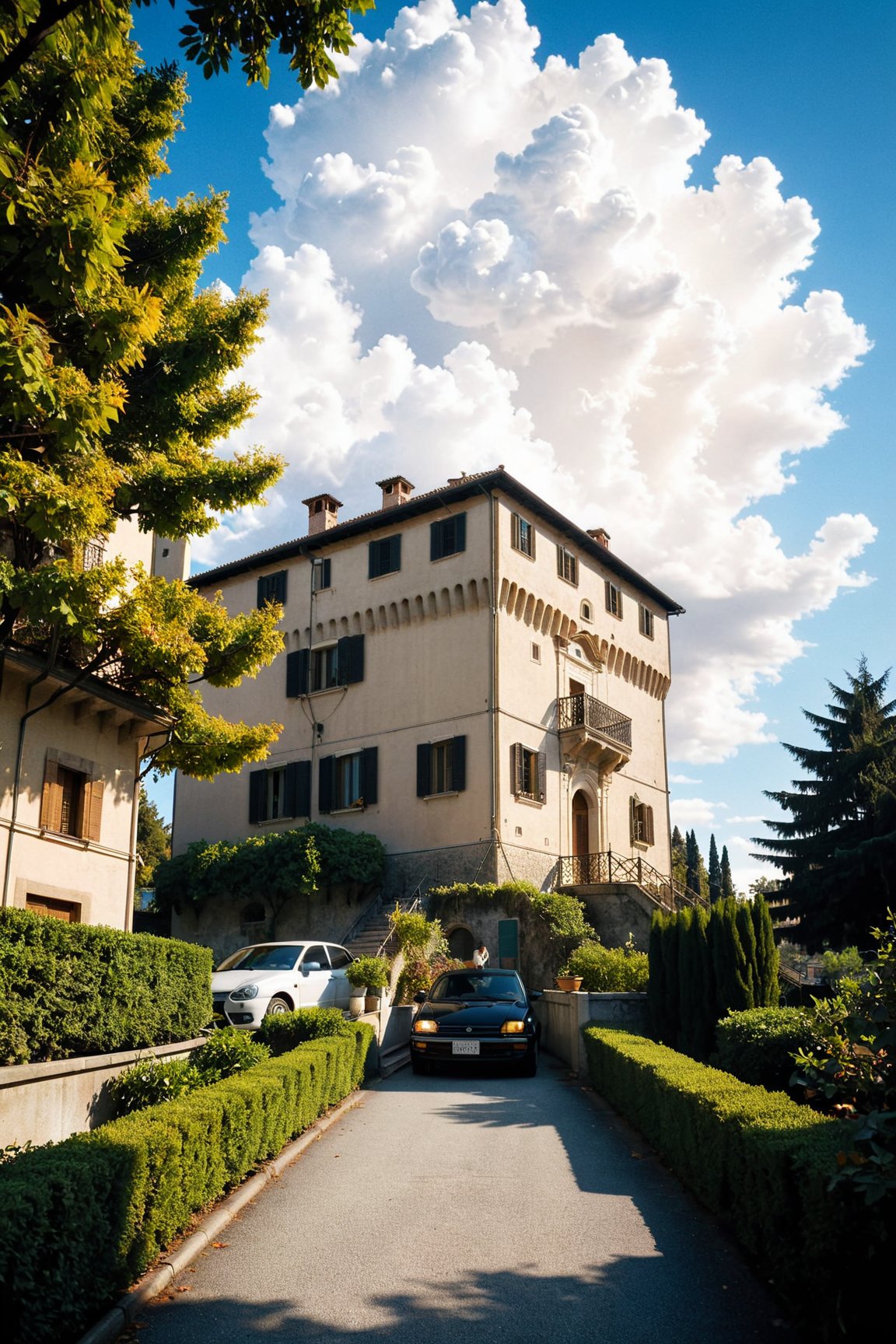 (Documentary photograph:1.3) of a magnificent (Italian castle:1.4),  14th century,  (golden ratio:1.3),  surrounded by trees and overlooked by a beautiful blue sky with imposing cumulonembus clouds,  BREAK shot on Canon EOS 5D,  from below,  Fujicolor Pro film,  in the style of Miko Lagerstedt/Liam Wong/Nan Goldin/Lee Friedlander,  (photorealistic:1.3),  (soft diffused lighting:1.2),  vignette,  highest quality,  original shot. BREAK Front view,  well-lit,  (perfect focus:1.2),  award winning,  detailed and intricate,  masterpiece,  itacstl, real_booster, itacstl,<lora:EMS-276932-EMS:0.800000>,<lora:EMS-281119-EMS:0.800000>