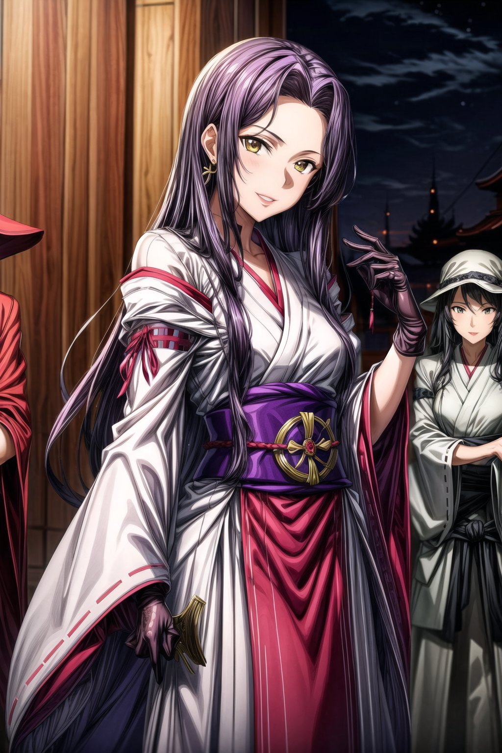 ((best quality)),  ((highly detailed)),  masterpiece,  ((official art)), ultra-detailed,1girl, night, solo, standing, smile, looking at viewer,  shrine_maiden, jewelry, earrings, gloves, miko, parted lips, long sleeves, lips, evil smile, evil girl, crazy, long hair,masterpiece,edgGesugao,da rk purple hair, long_dark purple hair, miko, shrine_maiden