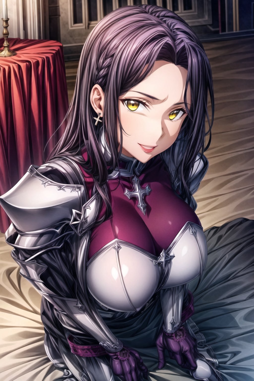 ((best quality)),  ((highly detailed)),  masterpiece,  ((official art)), breasts, ultra-detailed,1girl, night, solo, smile, looking at viewer,  big_breasts, jewelry, earrings, gloves, parted lips, long sleeves, lips, evil smile, evil girl, crazy, long hair,masterpiece,edgGesugao, long_dark purple hair, a woman in armor , dark purple hair, light yellow eyes, knight, kross, erotic, kneeling, church masterpeace, best quality, (extremely detailed CG:1.4), highly detailed faces ,glowing colors